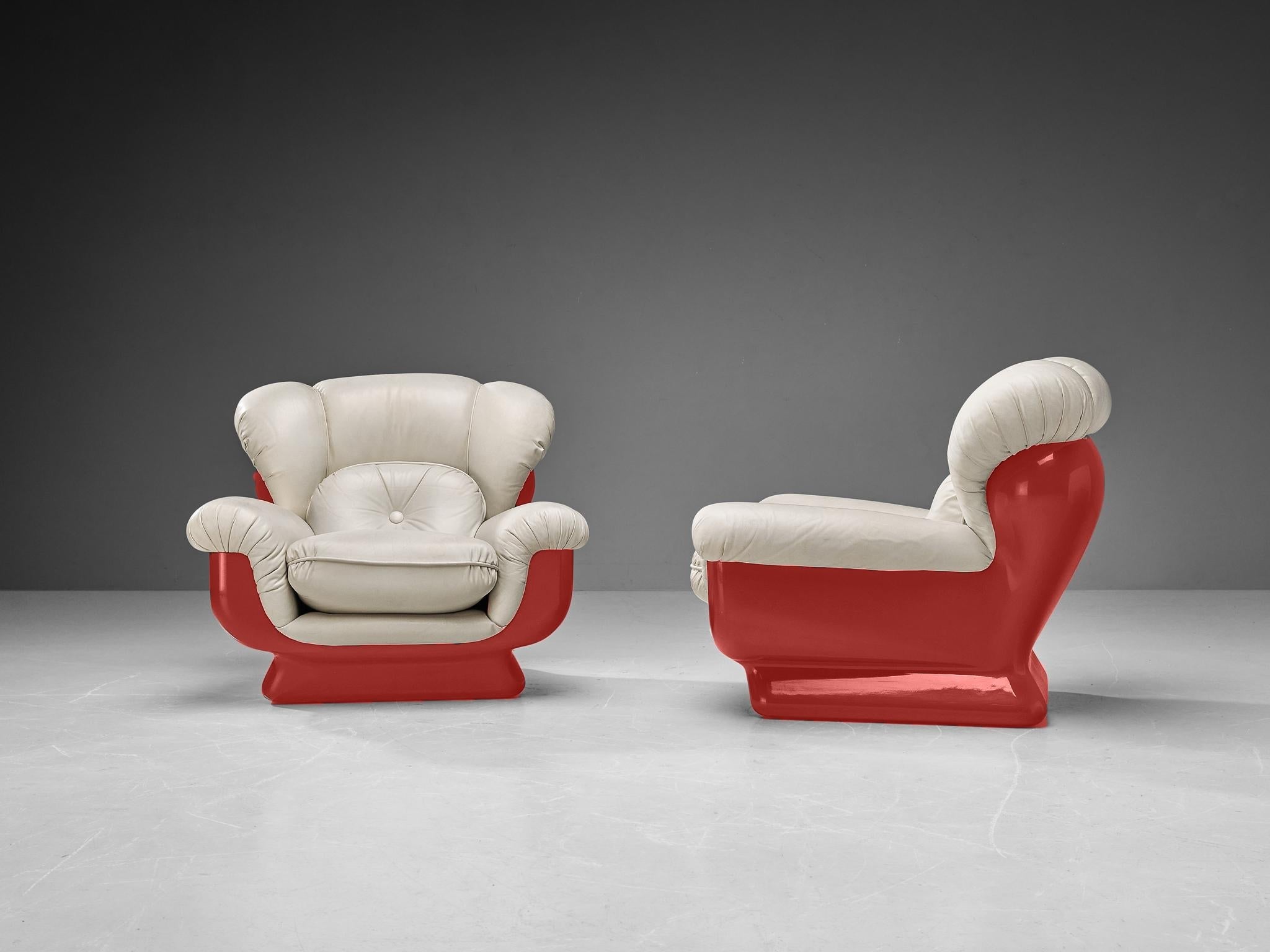 Italian Bulky Pair of Lounge Chairs in Red Fiberglass and Leatherette seating Morentz