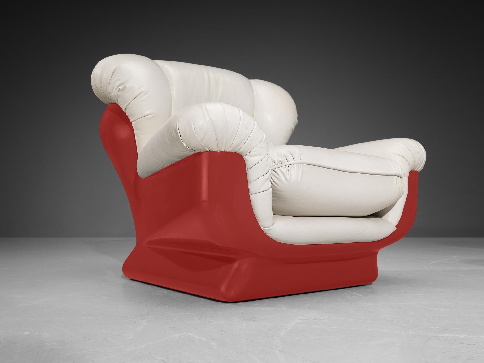 Italian Bulky Pair of Lounge Chairs in Red Fiberglass and Leatherette seating Morentz