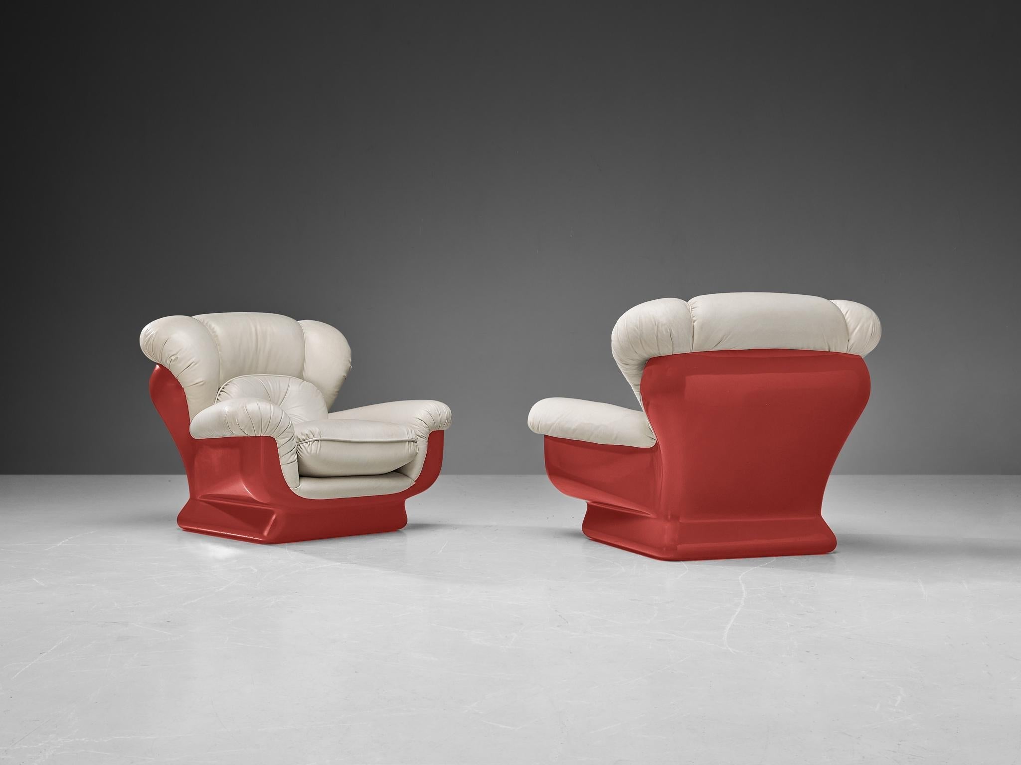 Italian Bulky Pair of Lounge Chairs in Red Fiberglass and Leatherette seating Morentz