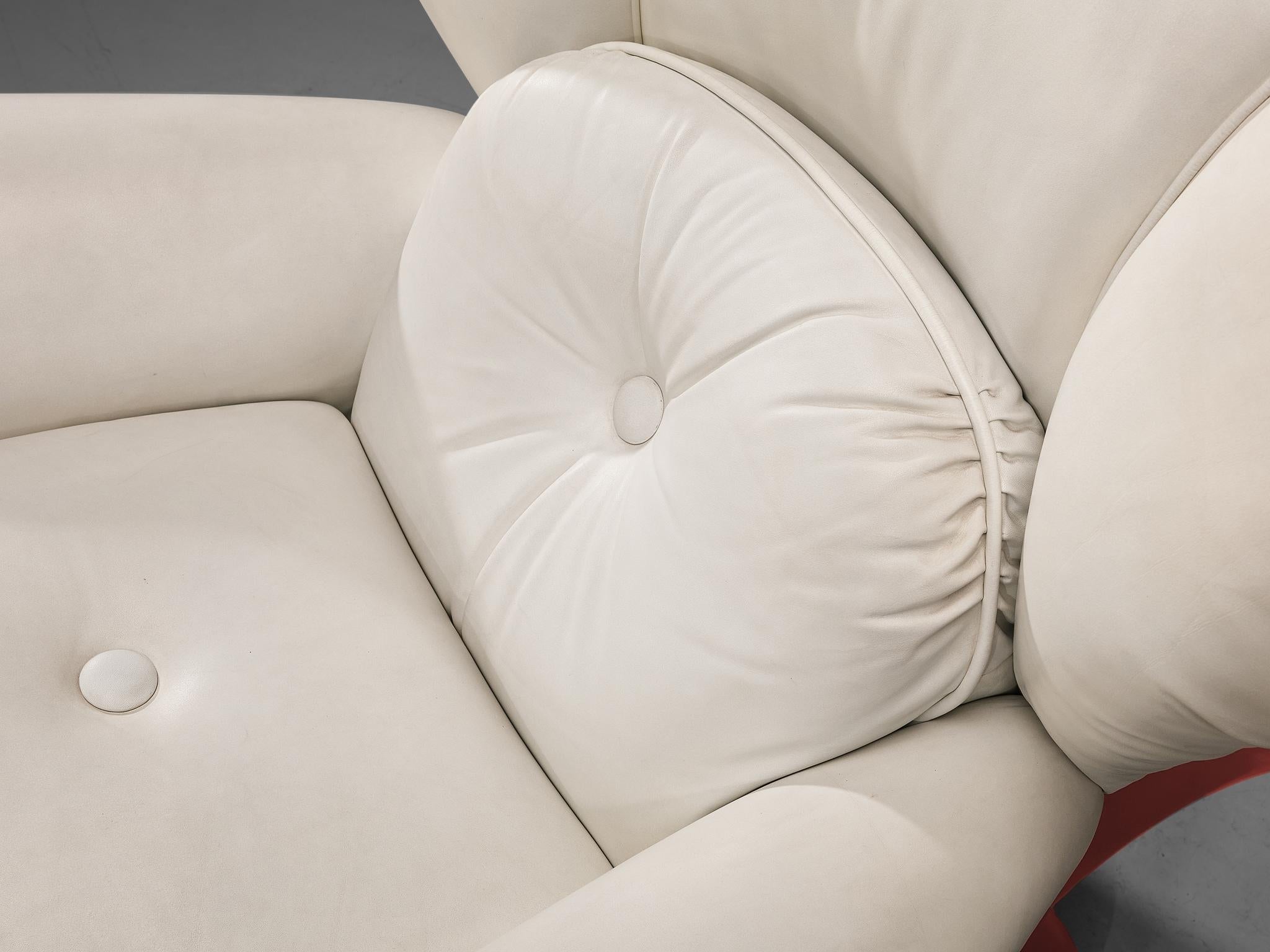 Italian Bulky Pair of Lounge Chairs in Red Fiberglass and Leatherette seating Morentz