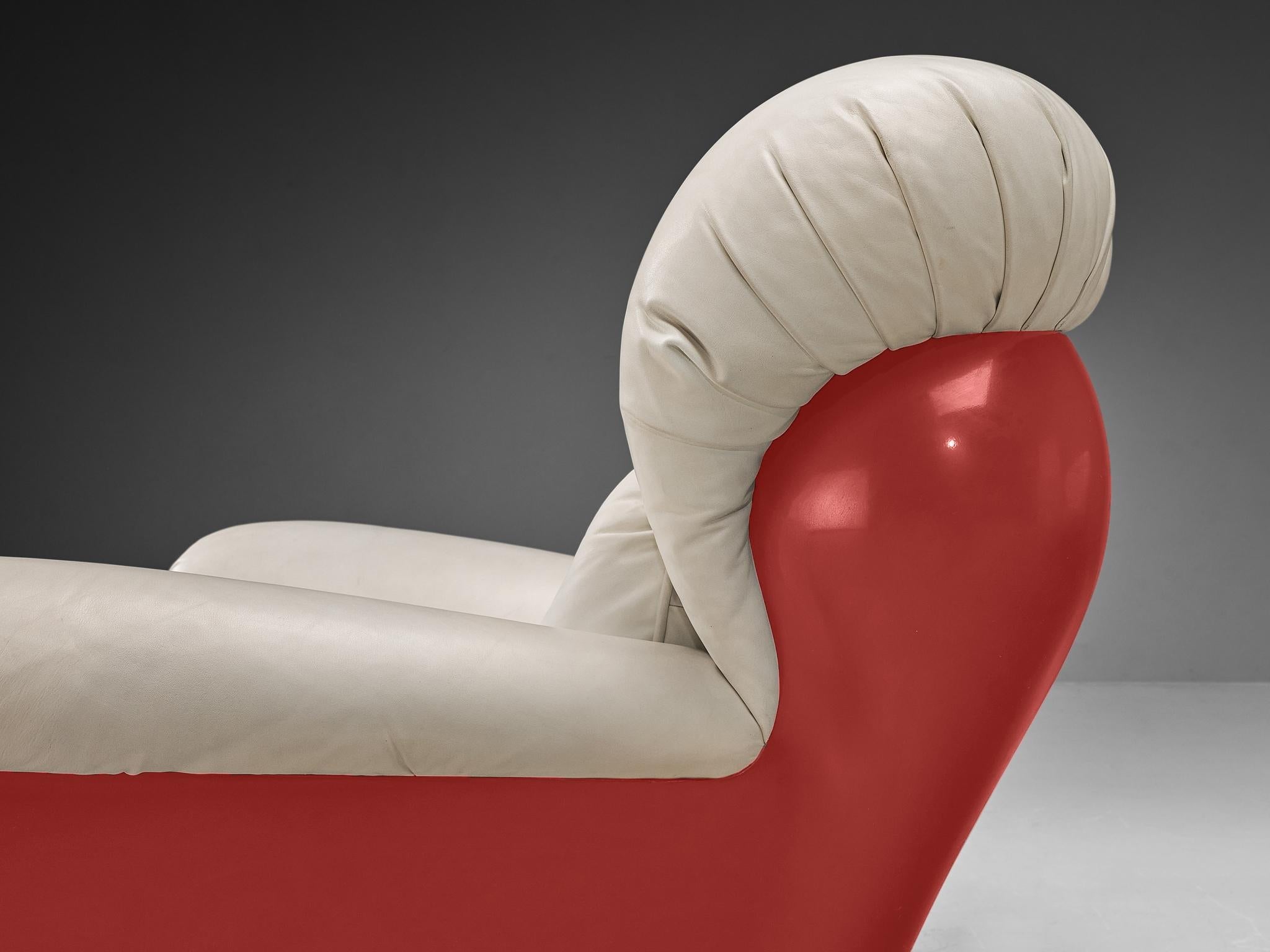 Italian Bulky Pair of Lounge Chairs in Red Fiberglass and Leatherette seating Morentz