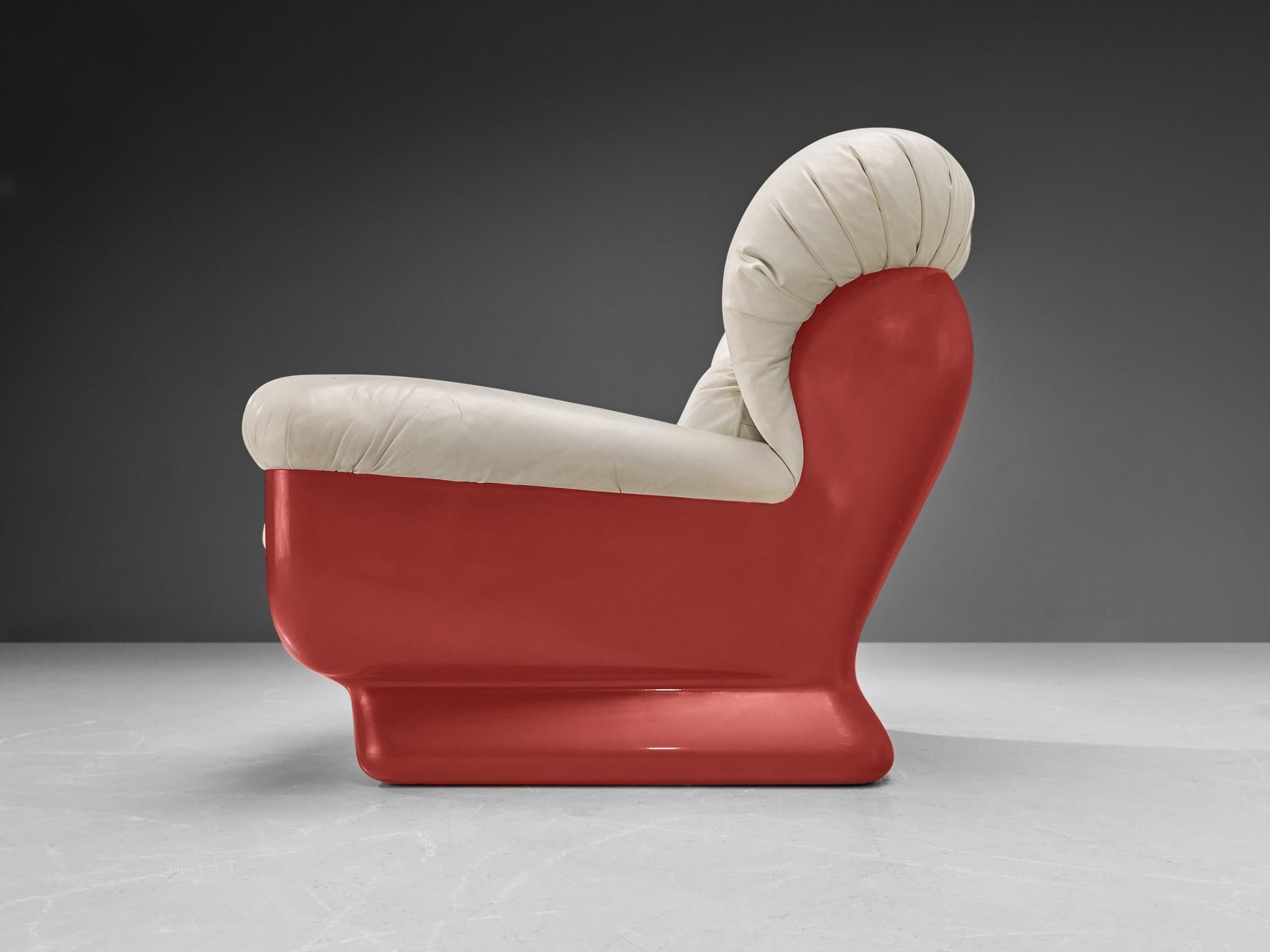 Italian Bulky Pair of Lounge Chairs in Red Fiberglass and Leatherette seating Morentz