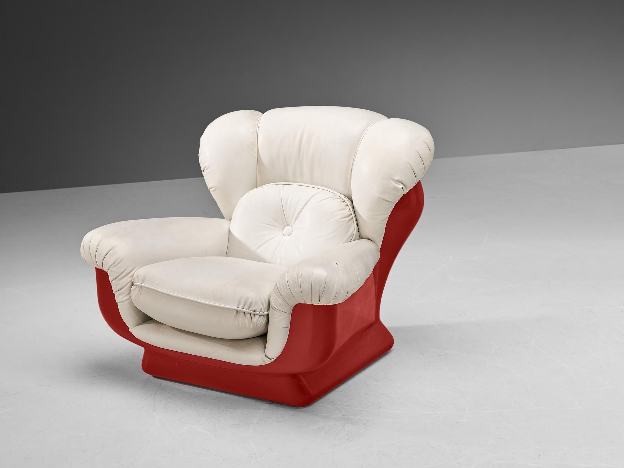 Italian Bulky Pair of Lounge Chairs in Red Fiberglass and Leatherette seating Morentz