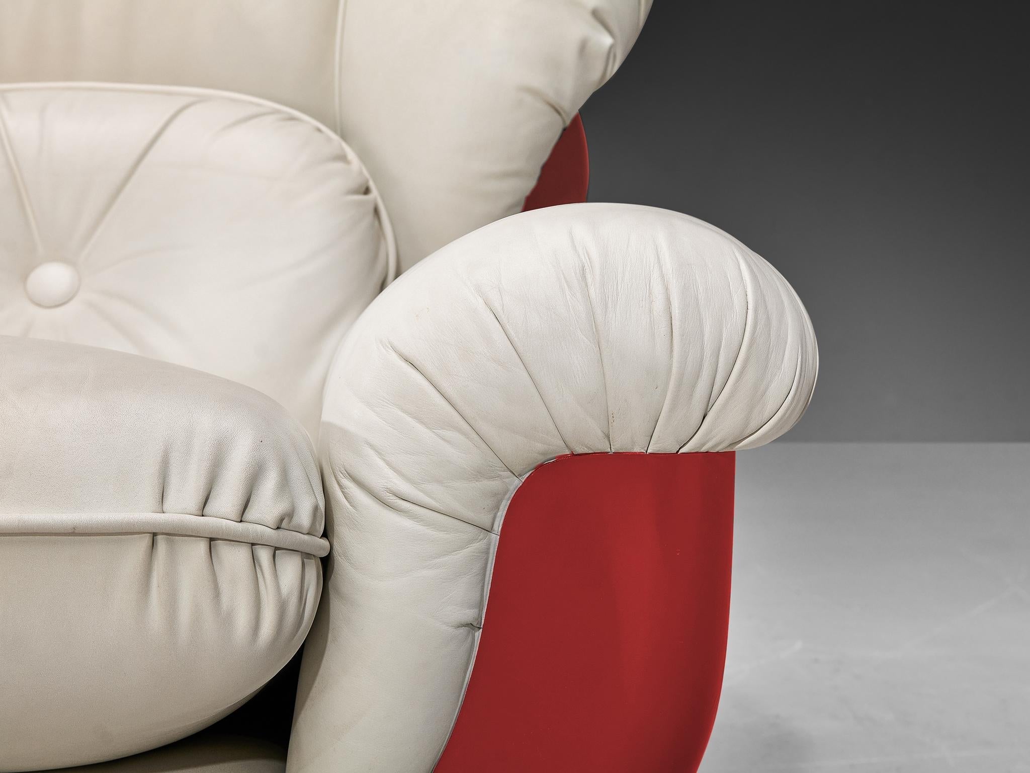 Italian Bulky Pair of Lounge Chairs in Red Fiberglass and Leatherette seating Morentz