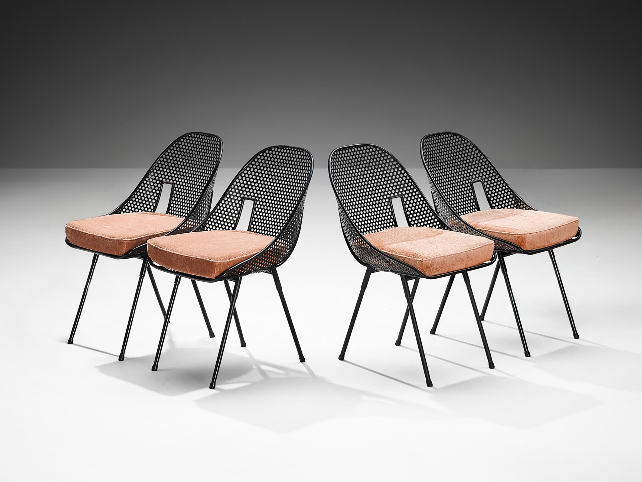 Rare Giuseppe De Vivo Set of Four Dining Chairs in Black Perforated Metal seating Morentz