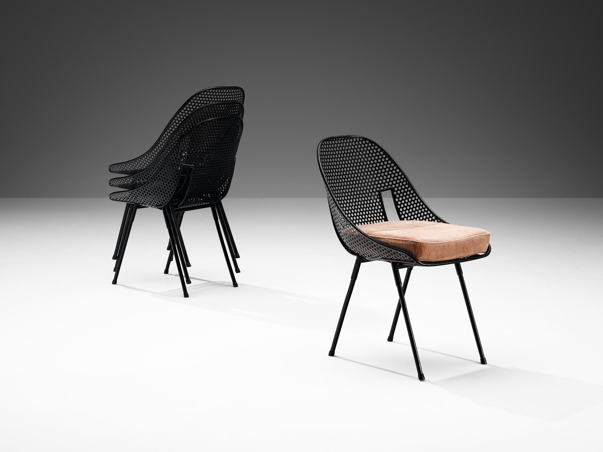 Rare Giuseppe De Vivo Set of Four Dining Chairs in Black Perforated Metal seating Morentz