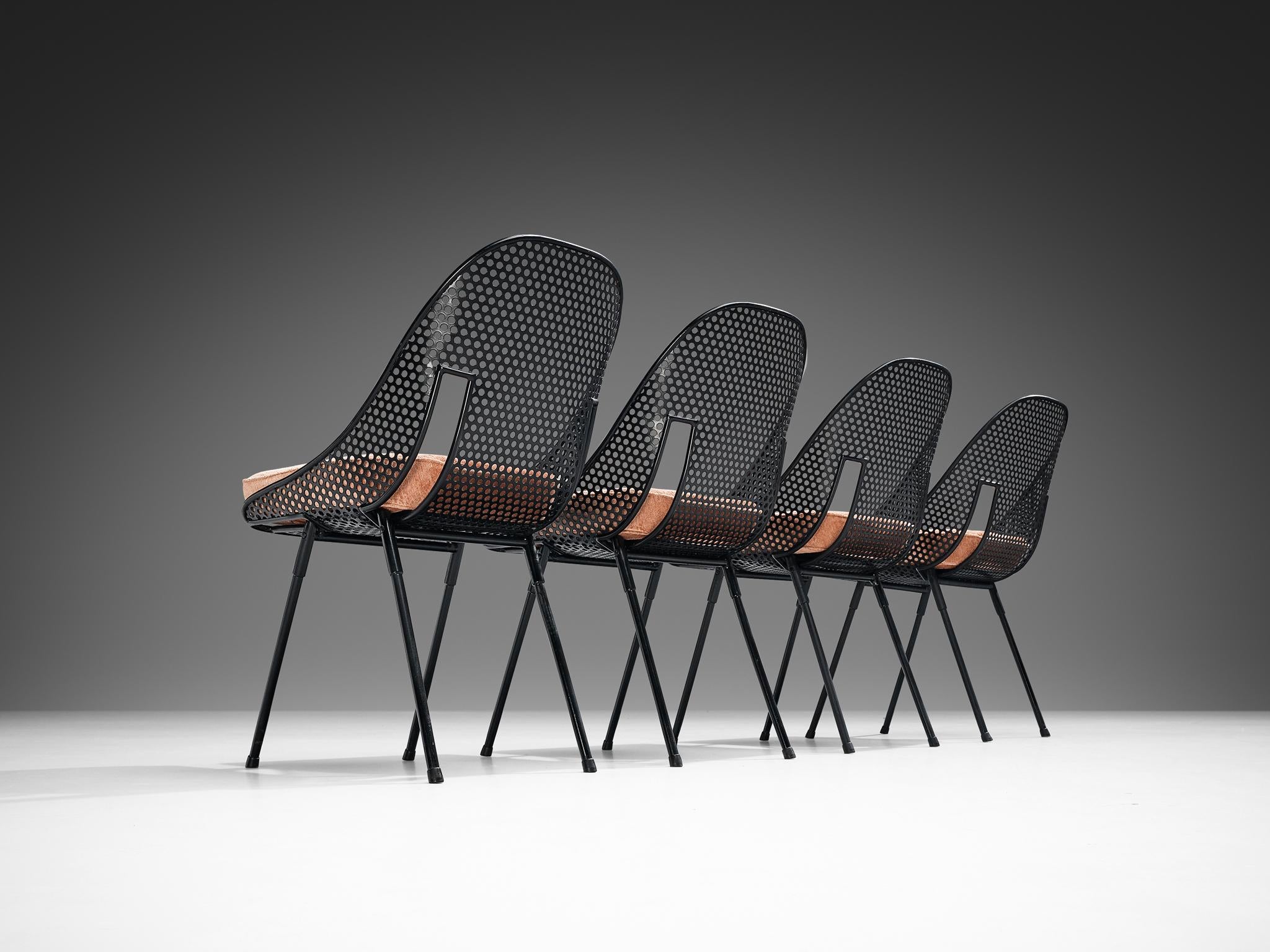 Rare Giuseppe De Vivo Set of Four Dining Chairs in Black Perforated Metal seating Morentz