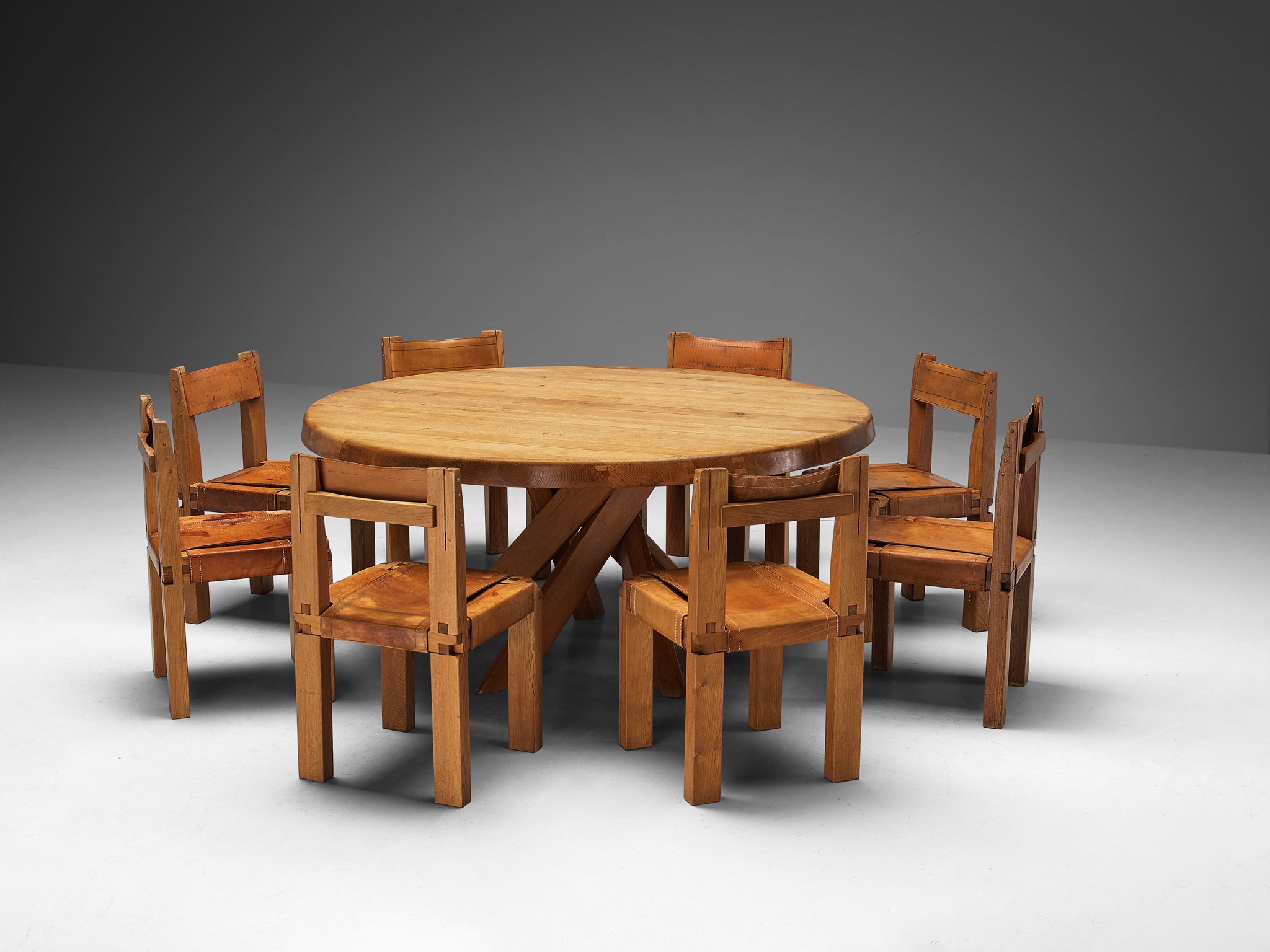 Early Pierre Chapo Dining Table T21E and Eight S11 Dining Chairs 160cm/62.99in. Tables Morentz