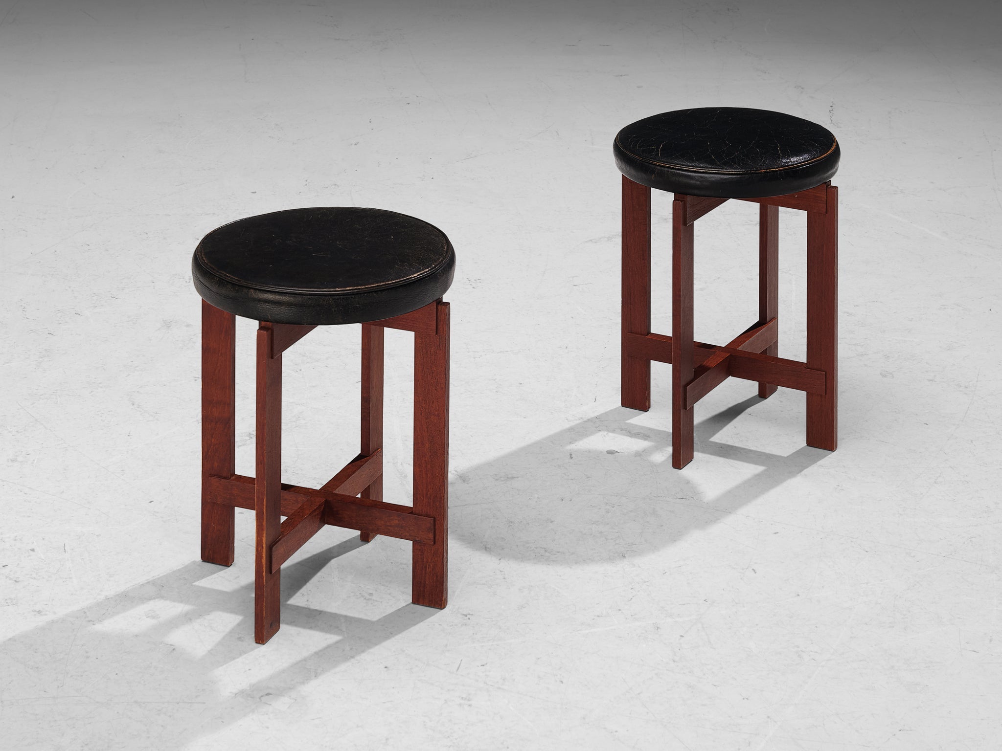 Uno & Östen Kristiansson Pair of Stools in Leather and Teak seating Morentz