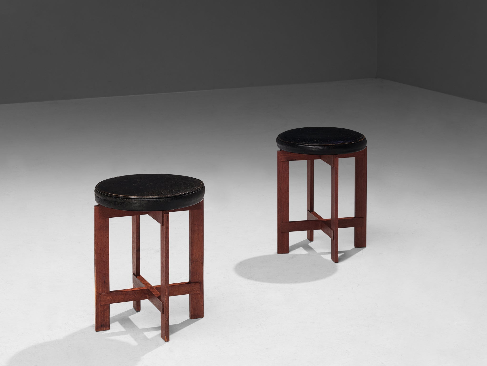 Uno & Östen Kristiansson Pair of Stools in Leather and Teak seating Morentz