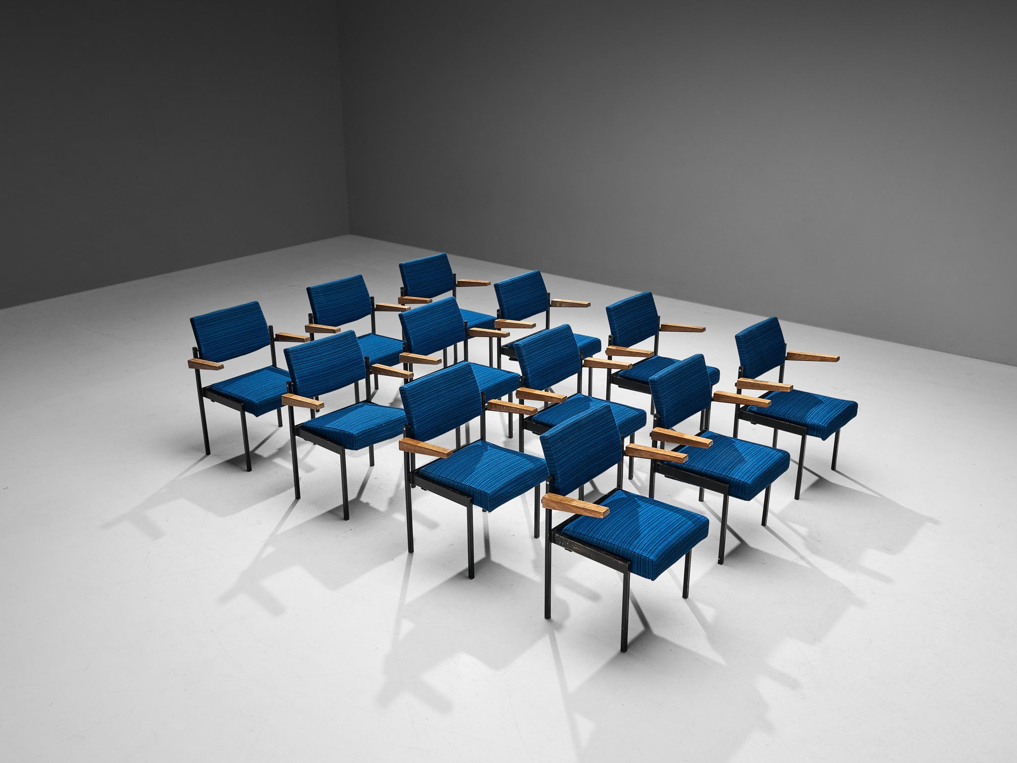 Set of Twelve Stackable Armchairs in Blue Upholstery and Black Metal Frame seating Morentz