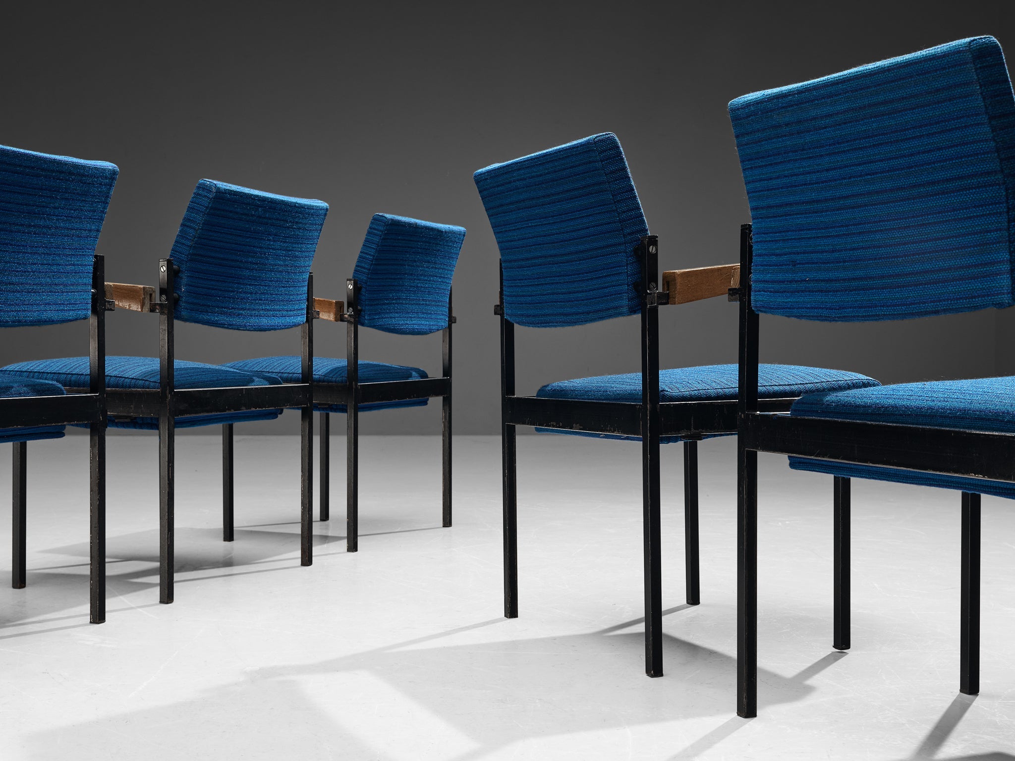 Set of Six Stackable Armchairs in Blue Upholstery and Black Metal Frame seating Morentz