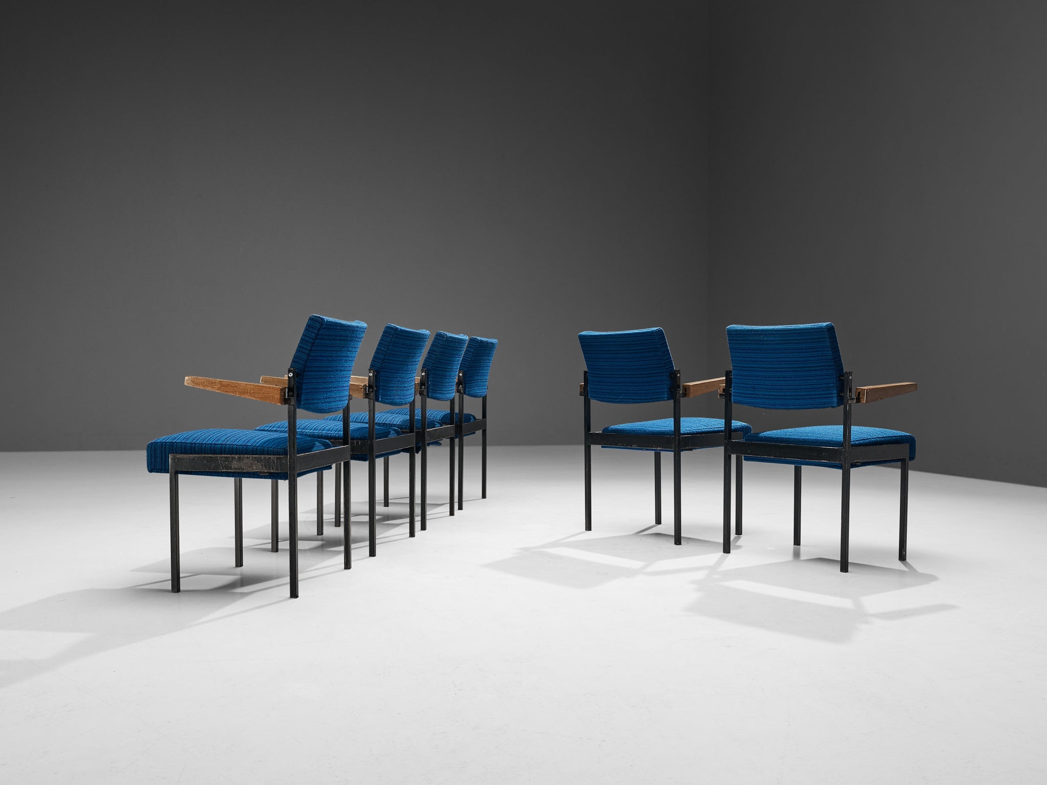 Set of Twelve Stackable Armchairs in Blue Upholstery and Black Metal Frame seating Morentz