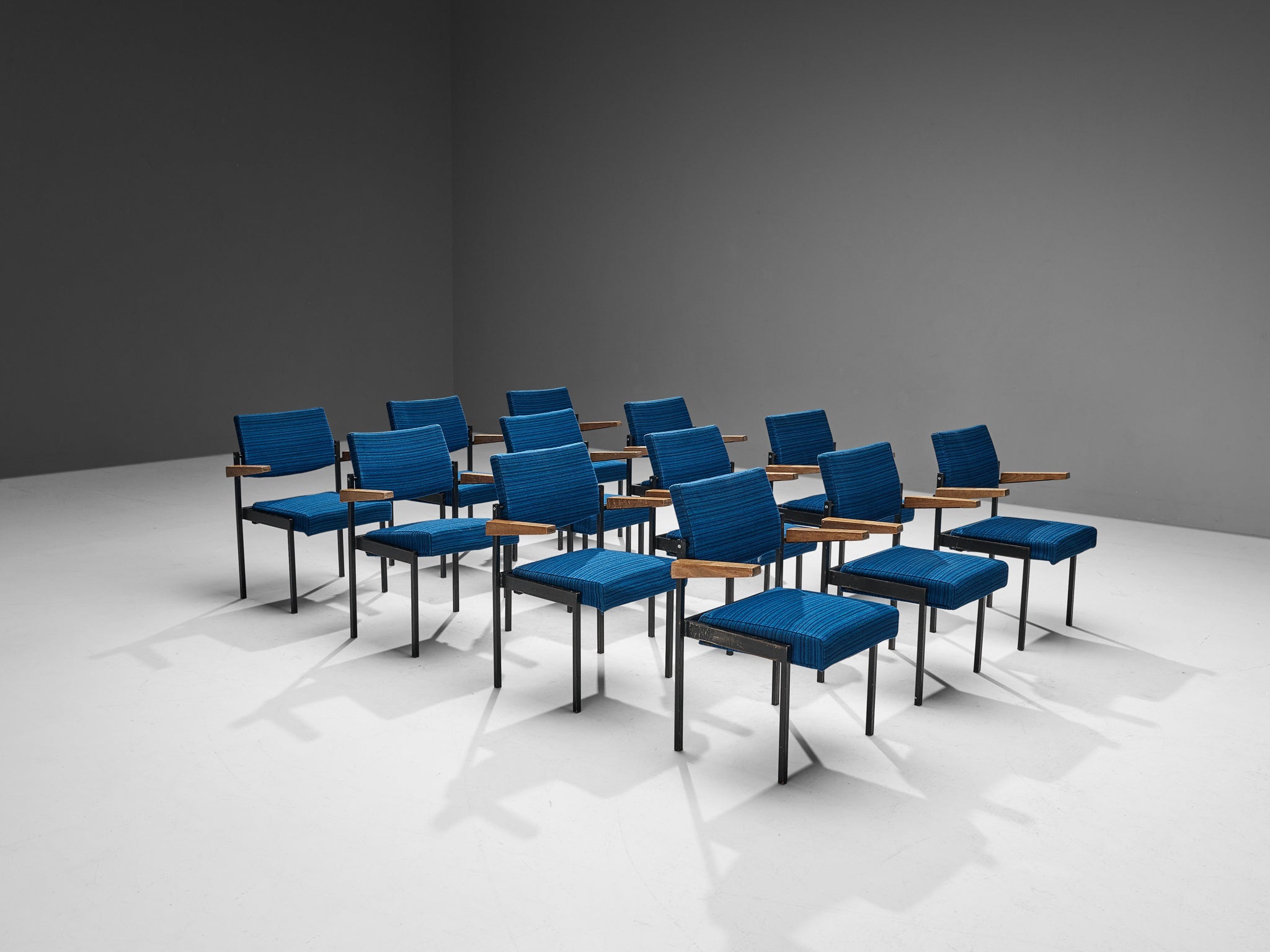 Set of Twelve Stackable Armchairs in Blue Upholstery and Black Metal Frame seating Morentz
