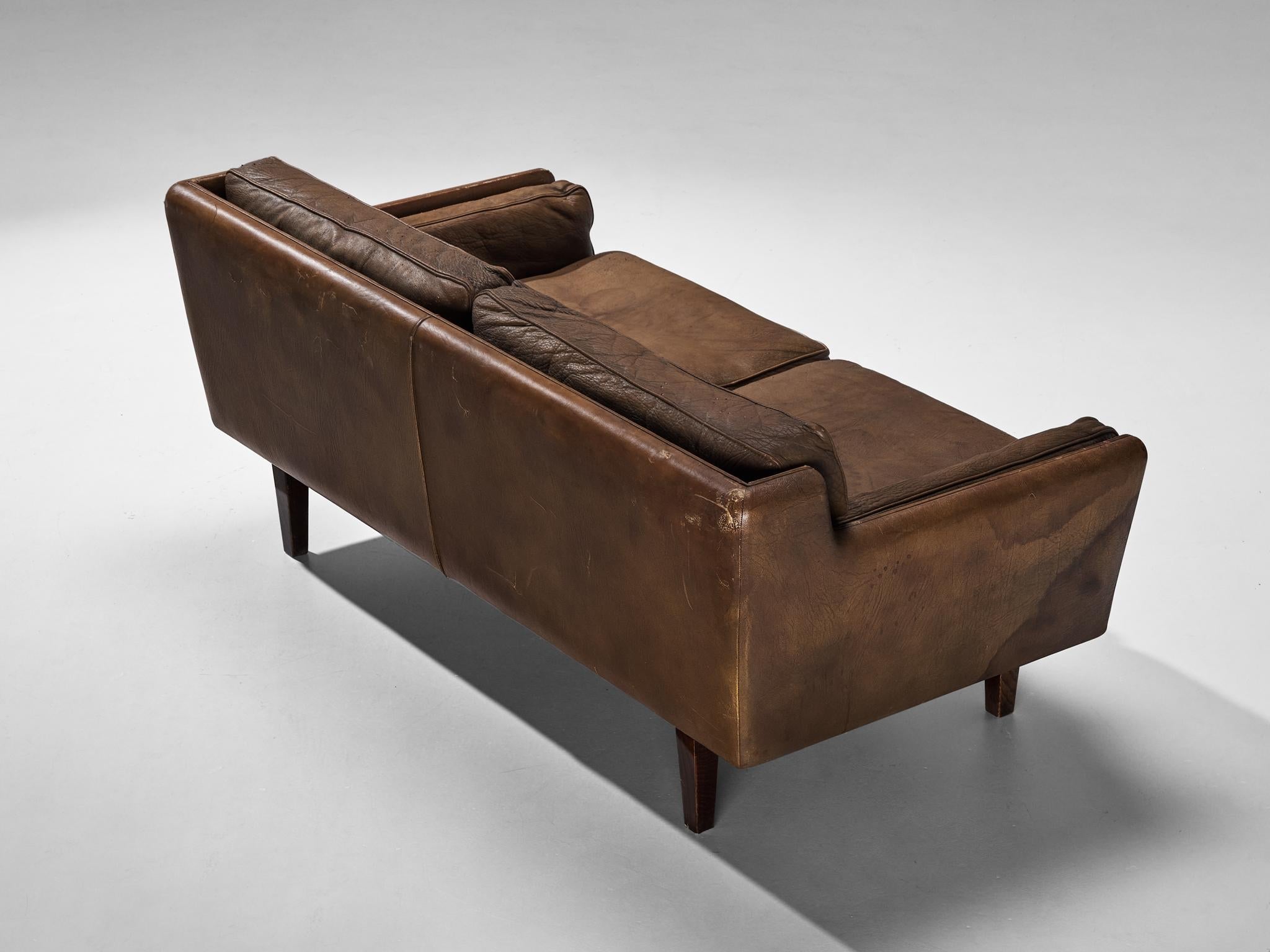 Illum Wikkelsø Two-Seat Sofa in Brown Leather