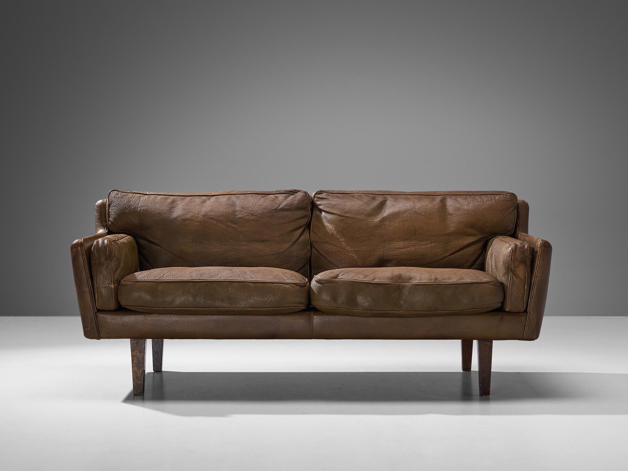 Illum Wikkelsø Two-Seat Sofa in Brown Leather