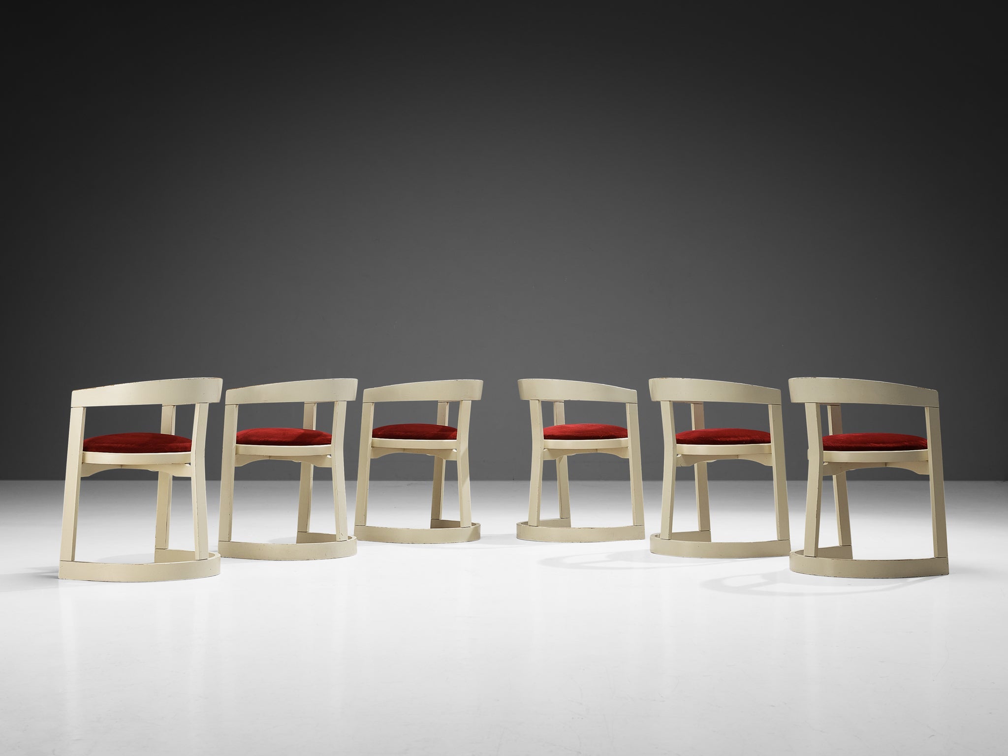 Italian Set of Six Dining Chairs in Red Velvet and White Lacquered Wood seating Morentz