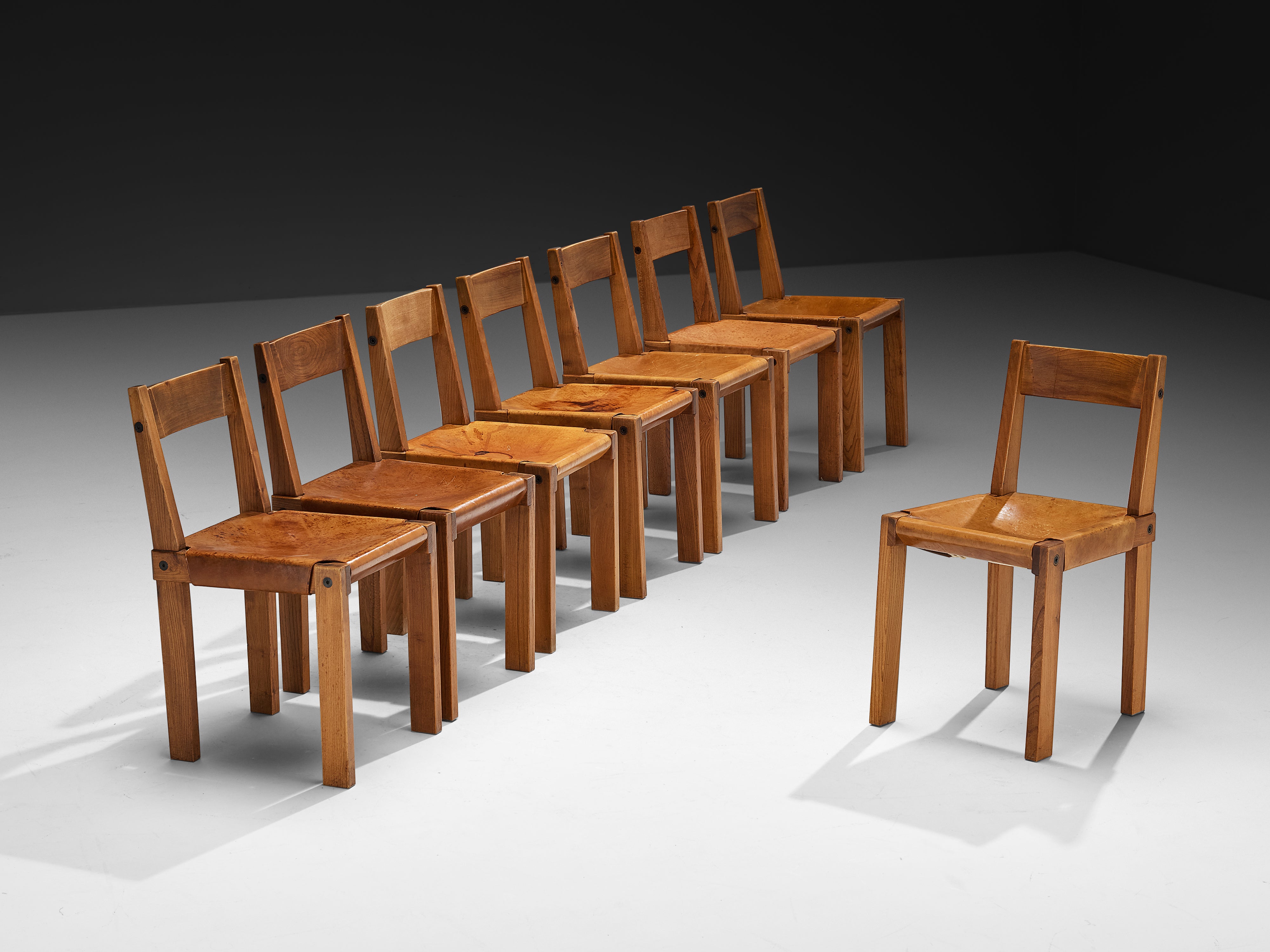 Early Pierre Chapo Set of Eight 'S24' Dining Chairs in Cognac Leather and Elm Seating Morentz