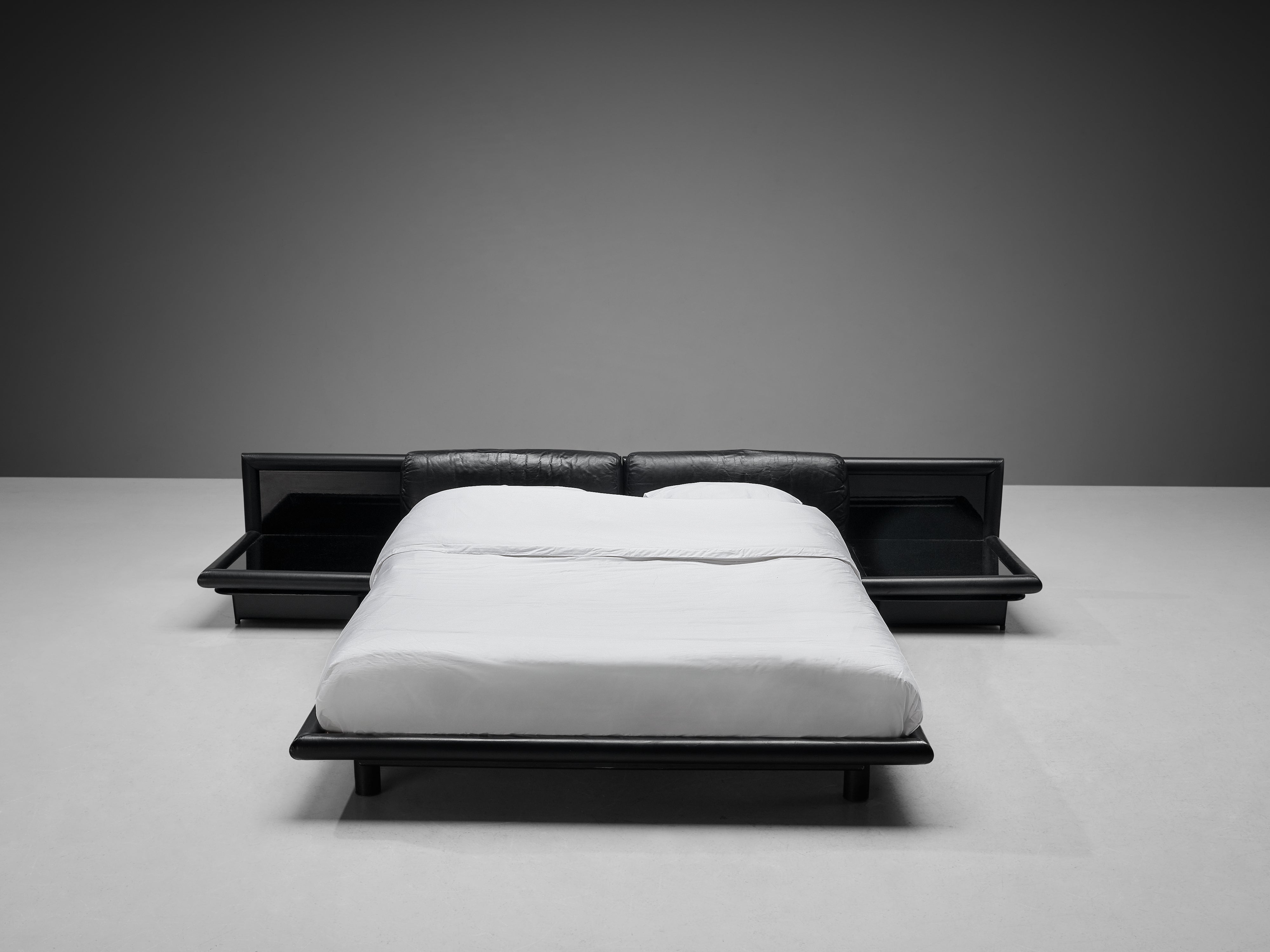 Afra & Tobia Scarpa for Molteni ‘Morna’ Bed with Nightstands in Black Leather More Furniture and Collectibles Morentz