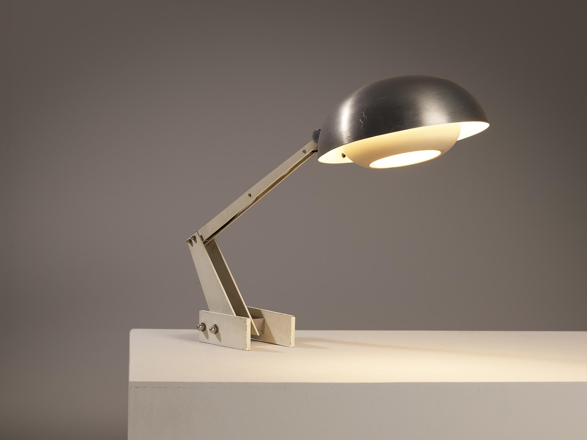 Italian Desk Lamp in White Coated Metal and Aluminum