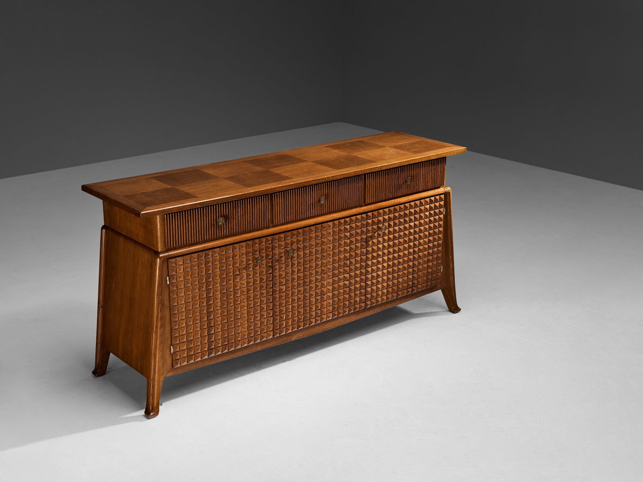 Ernesto Valabrega Sideboard in Stained Oak and Brass case pieces and storage cabinets Morentz