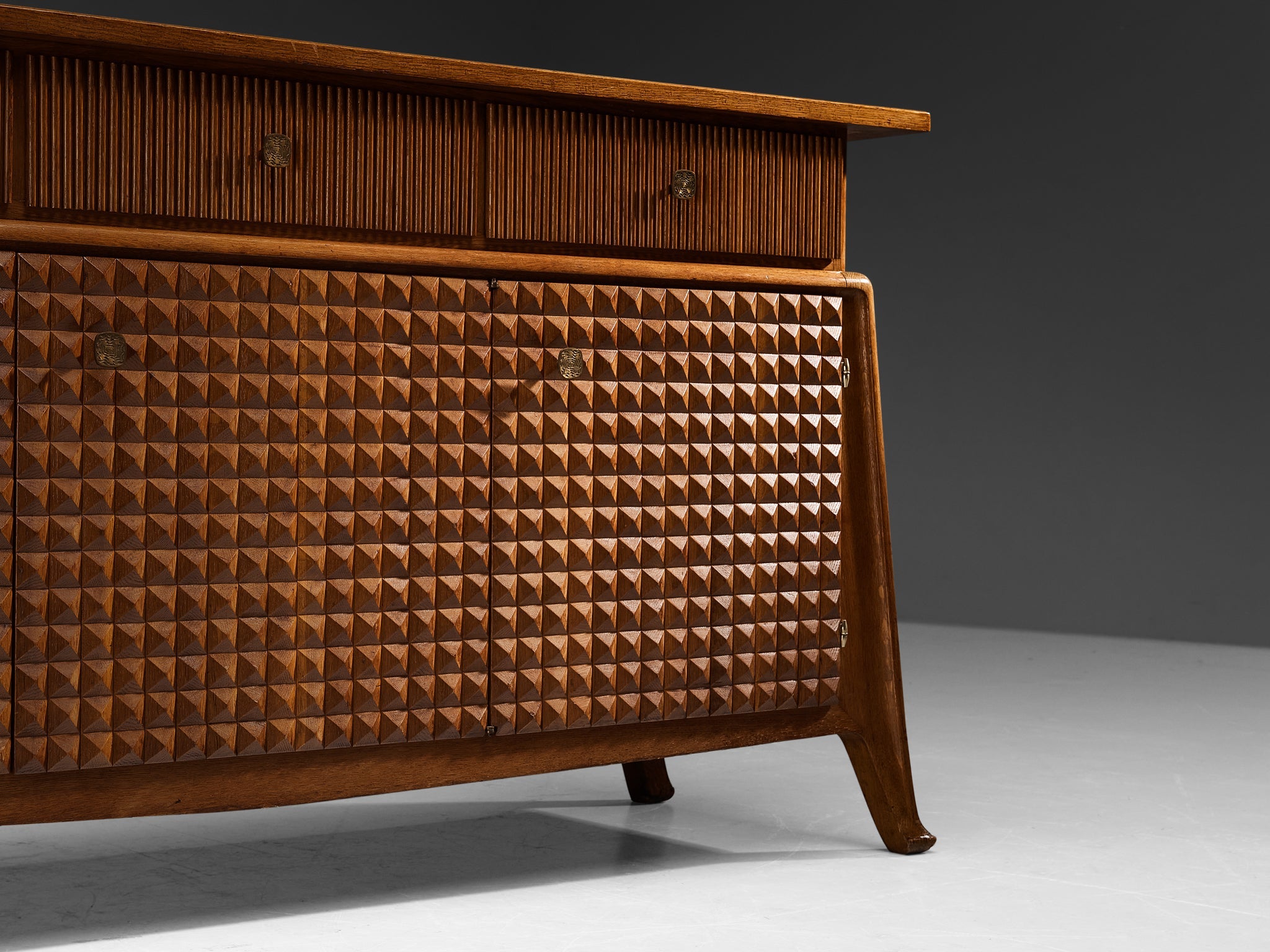 Ernesto Valabrega Sideboard in Stained Oak and Brass case pieces and storage cabinets Morentz