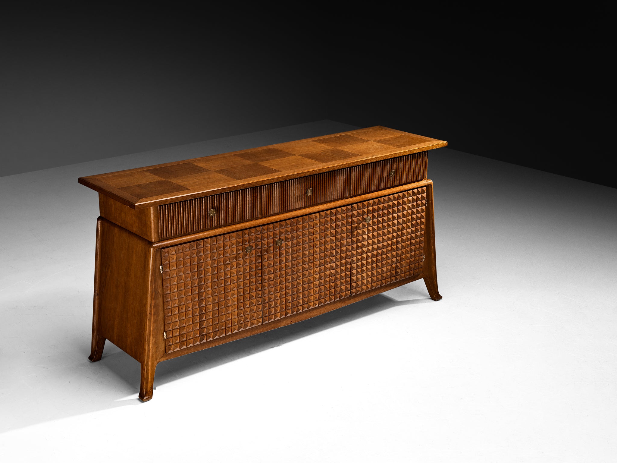 Ernesto Valabrega Sideboard in Stained Oak and Brass Case pieces and storage cabinets Morentz