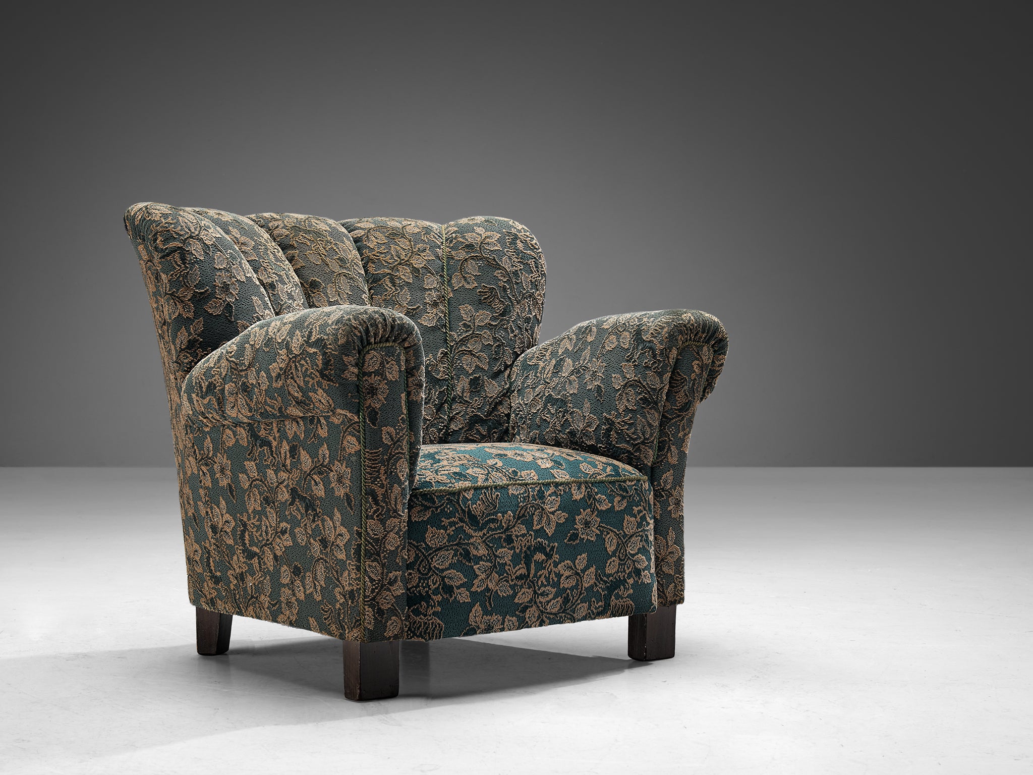 1950s Lounge Chair in Green and Beige Floral Upholstery Seating Morentz