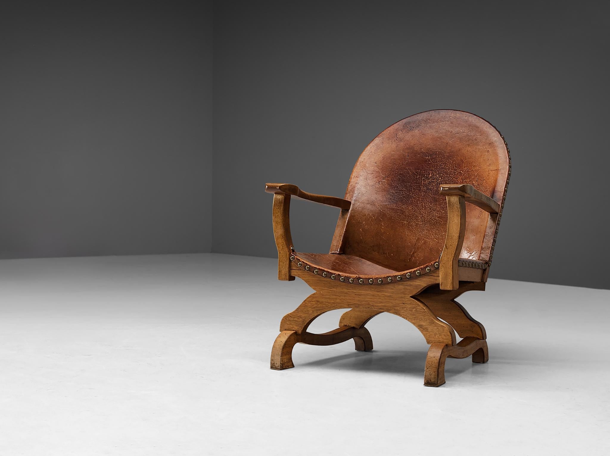 Spanish Armchair in Cognac Leather and Oak