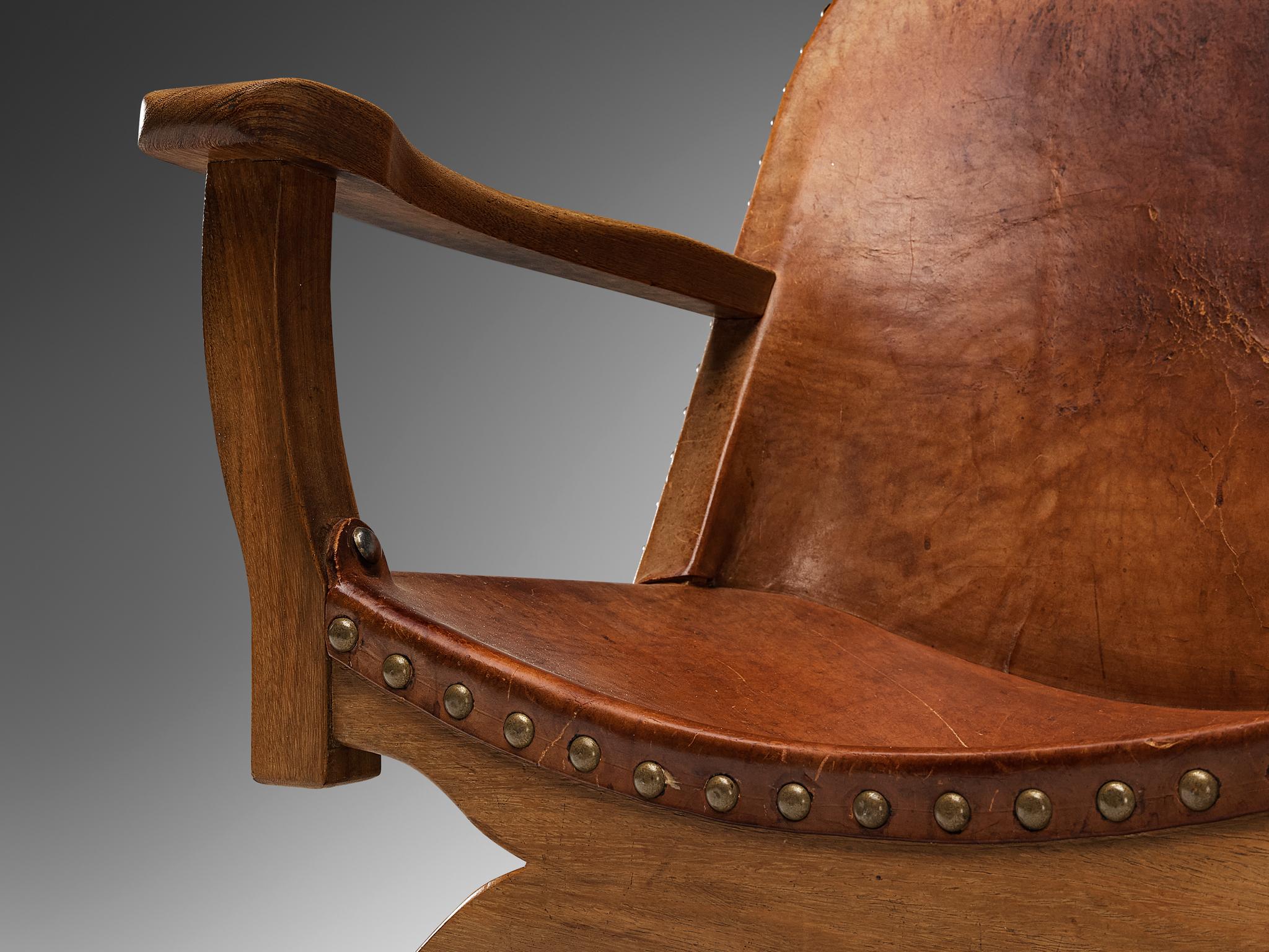 Spanish Armchair in Cognac Leather and Oak