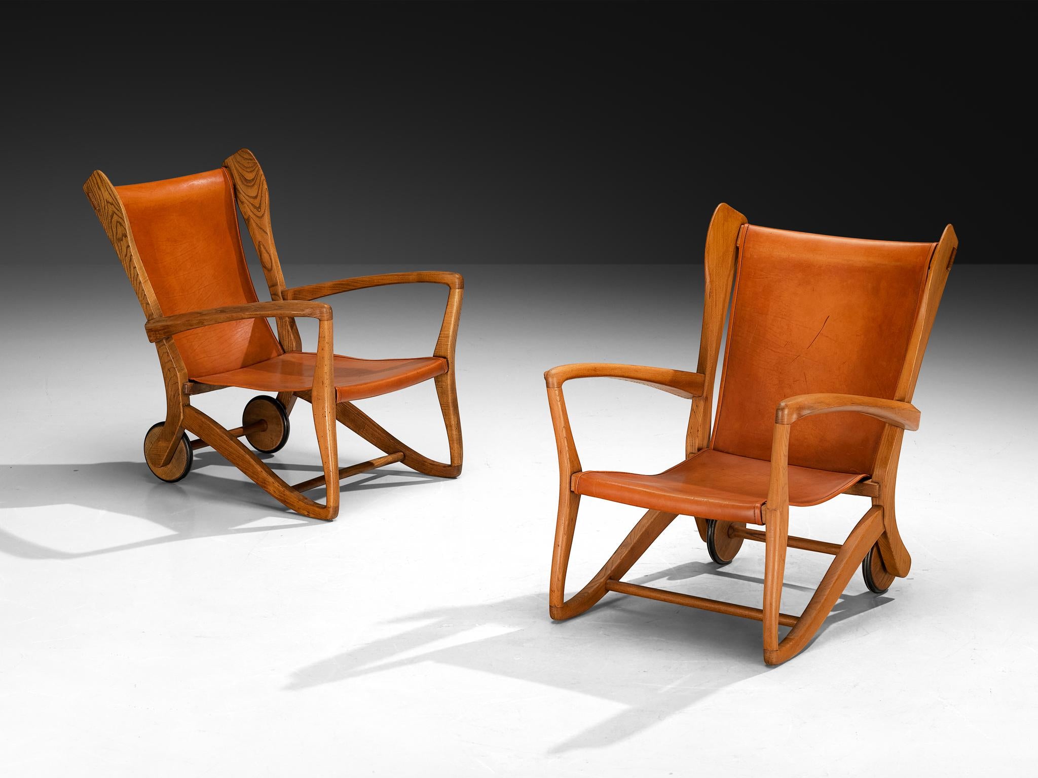 Guglielmo Pecorini Angular Lounge Chairs in Oak and Leather seating Morentz