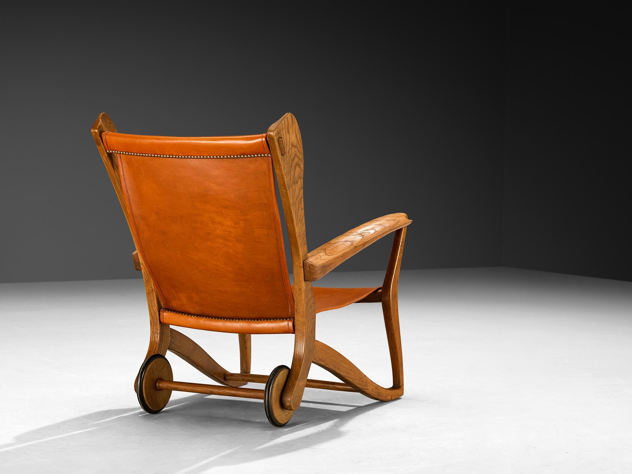 Guglielmo Pecorini Angular Lounge Chairs in Oak and Leather seating Morentz