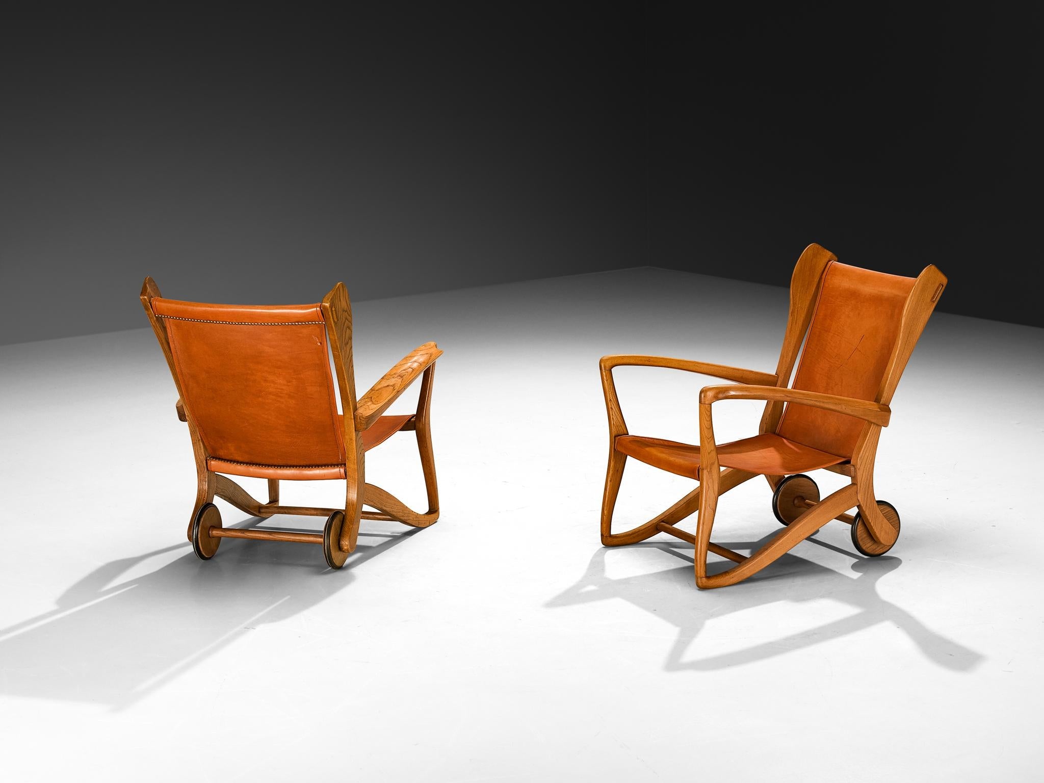 Guglielmo Pecorini Angular Lounge Chairs in Oak and Leather seating Morentz