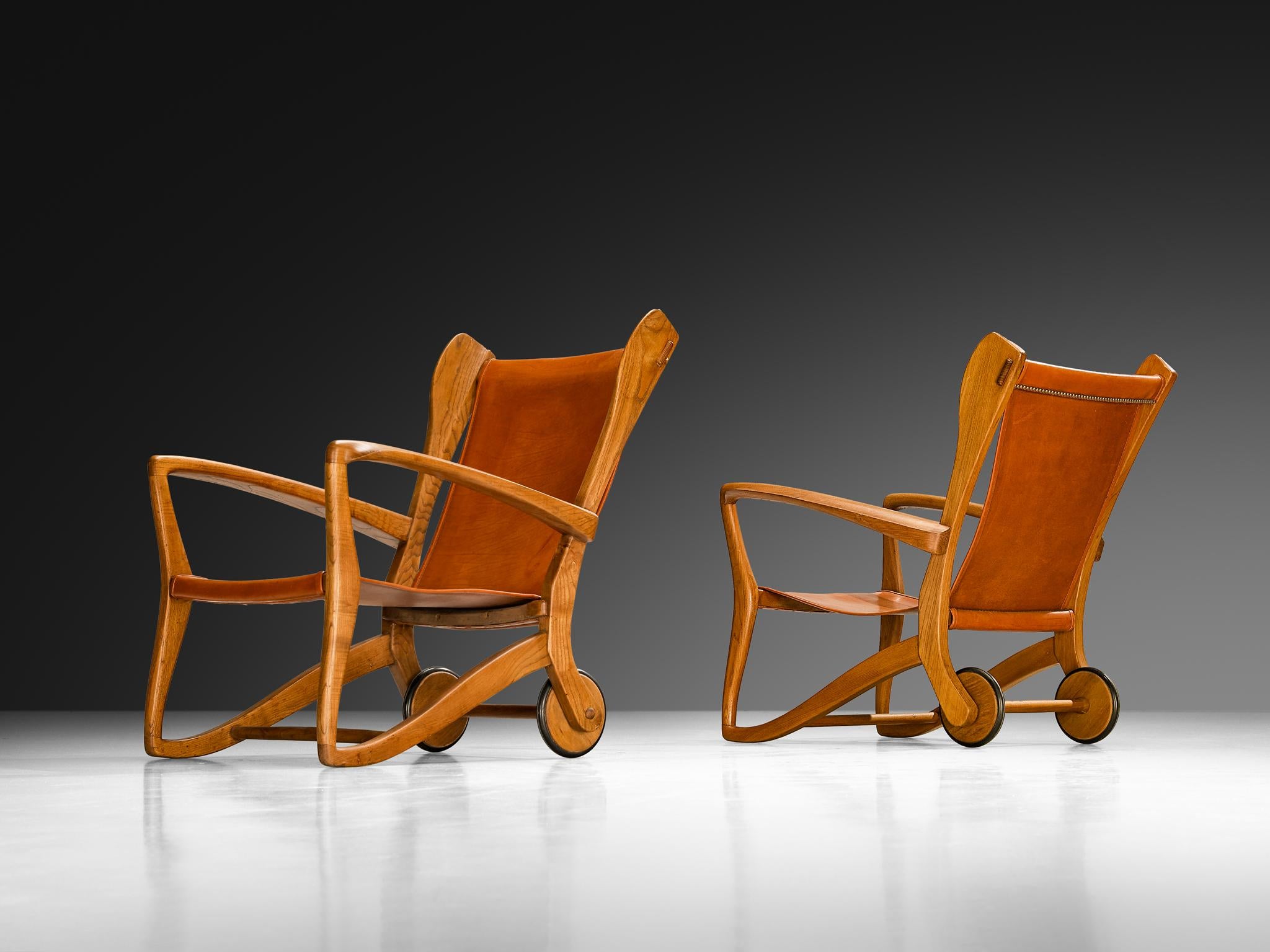Guglielmo Pecorini Angular Lounge Chairs in Oak and Leather seating Morentz