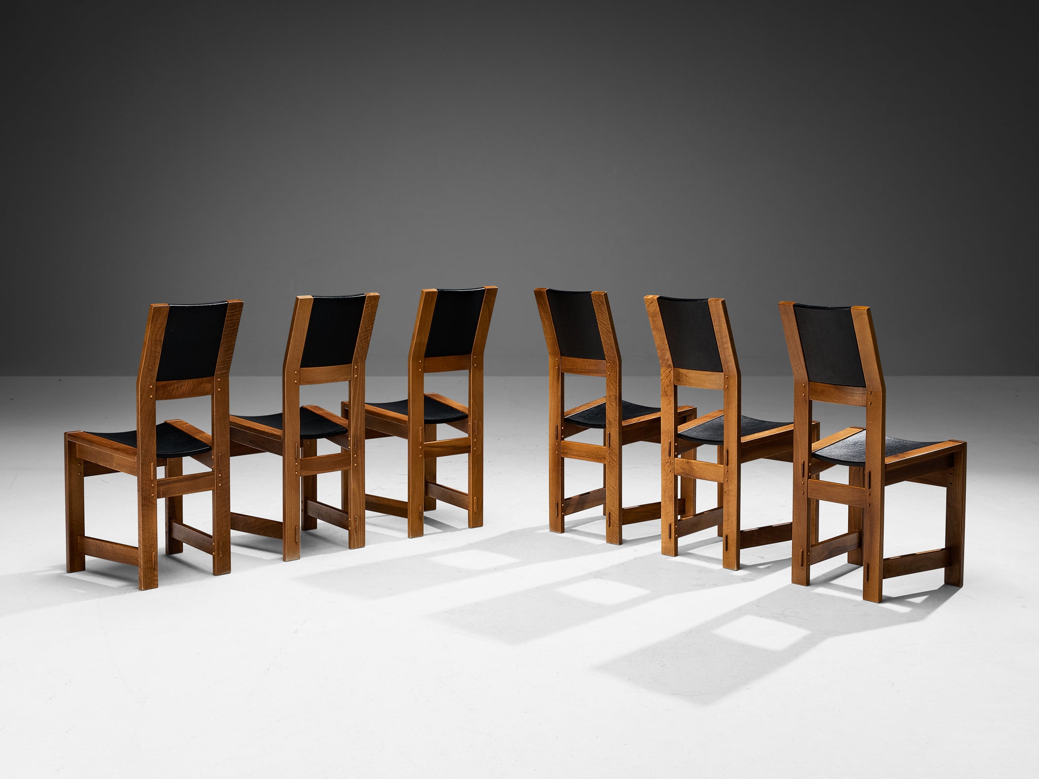 Giuseppe Rivadossi Set of Six Dining Chairs in Walnut and Black Upholstery Seating Morentz
