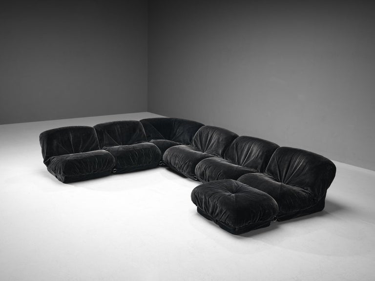 Airborne Sectional Sofa with Ottoman 'Patate' in Black Velvet Corduroy