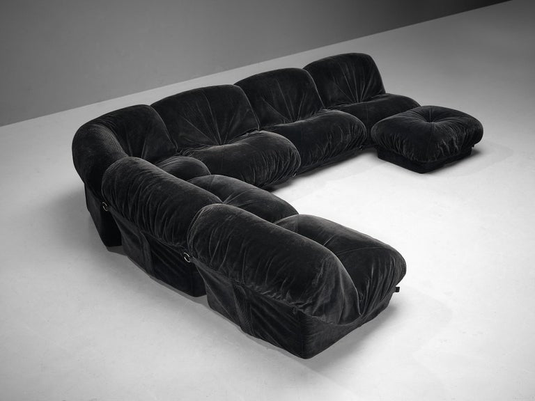Airborne Sectional Sofa with Ottoman 'Patate' in Black Velvet Corduroy