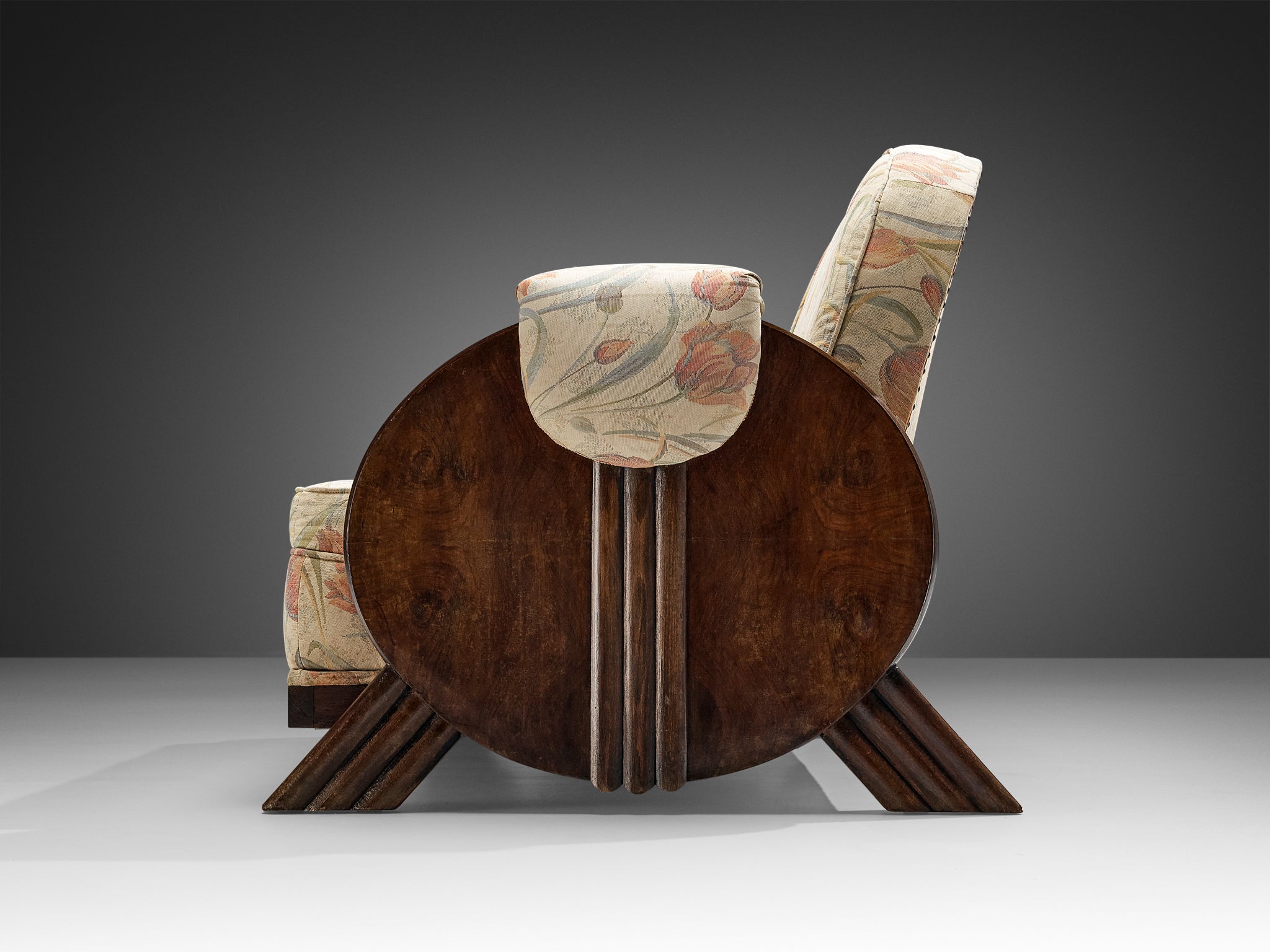 Italian Art Deco Sofa in Floral Upholstery and Wood Seating Morentz