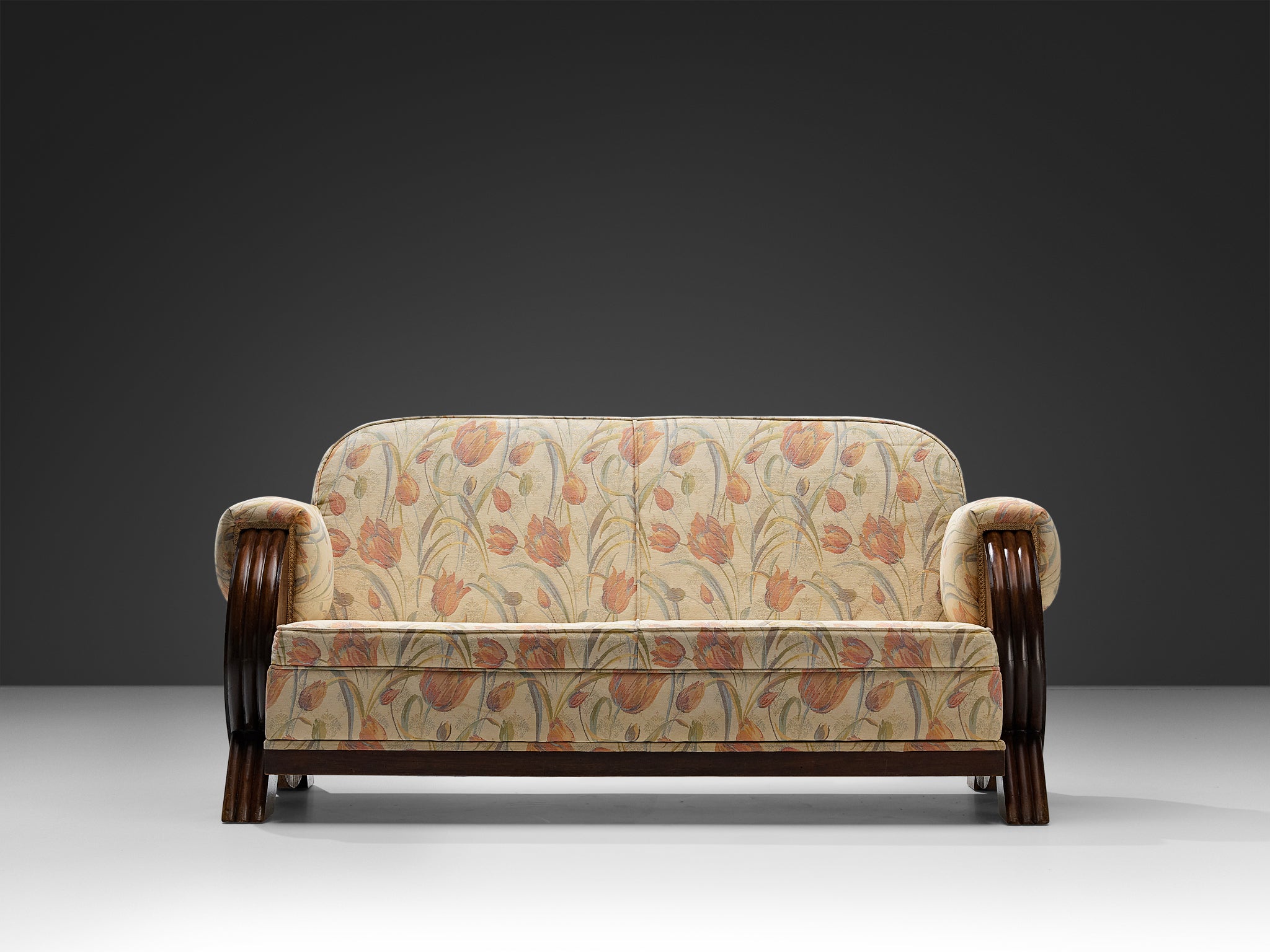 Italian Art Deco Sofa in Floral Upholstery and Wood Seating Morentz