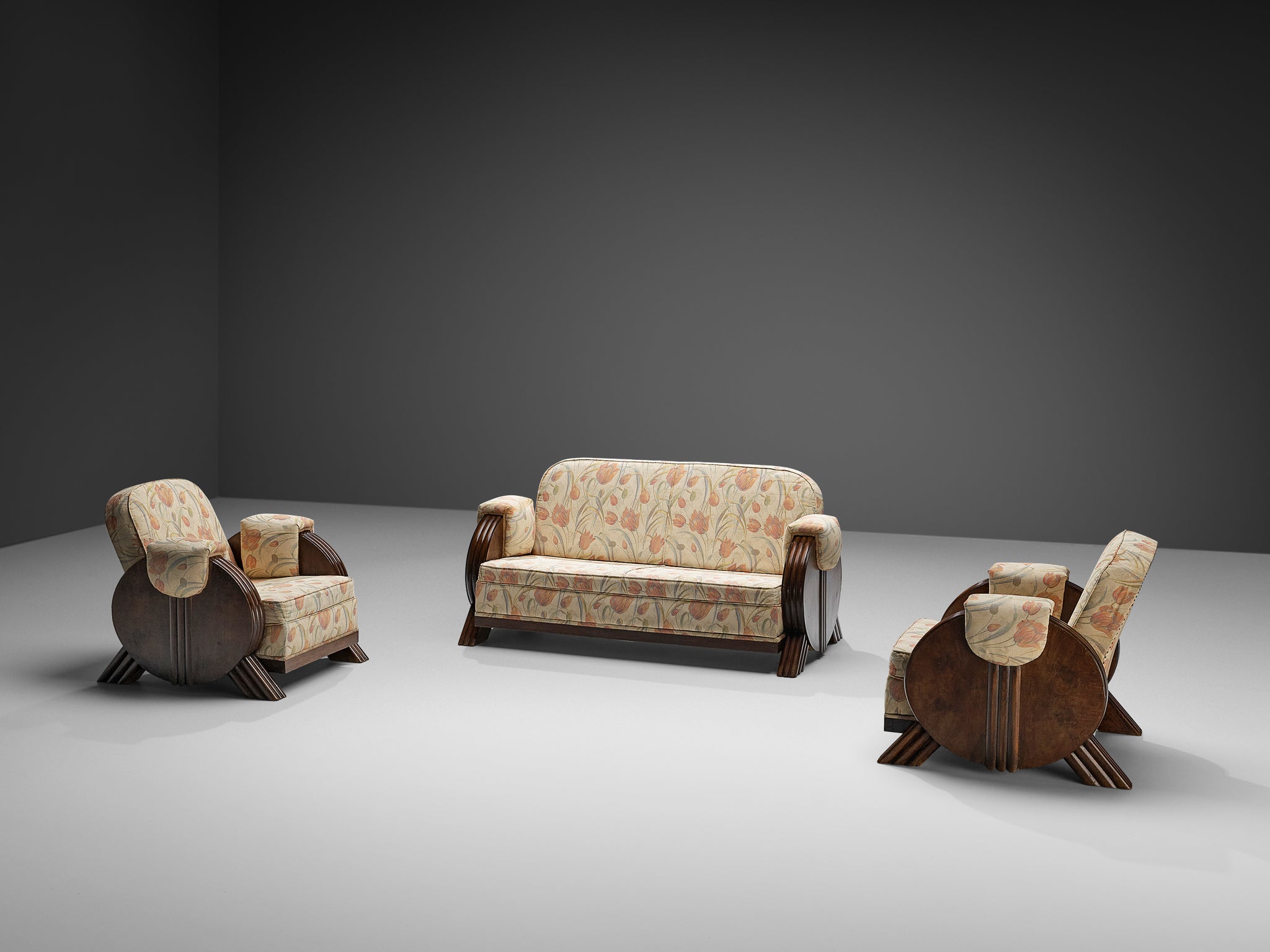 Italian Art Deco Sofa in Floral Upholstery and Wood Seating Morentz