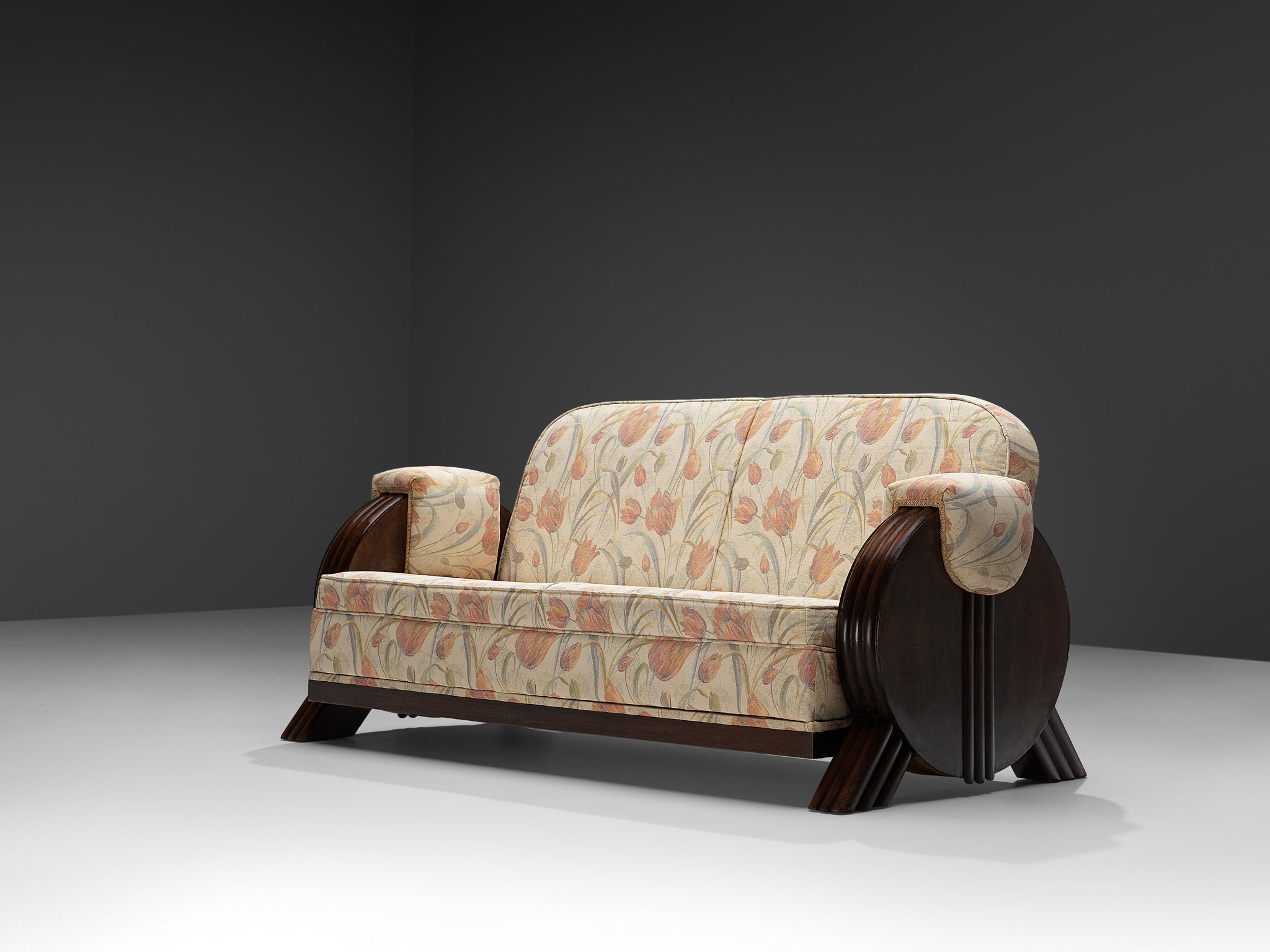 Italian Art Deco Sofa in Floral Upholstery and Wood Seating Morentz