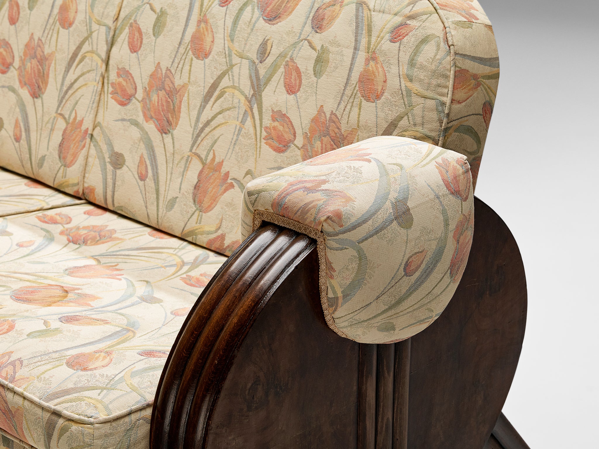 Italian Art Deco Sofa in Floral Upholstery and Wood Seating Morentz