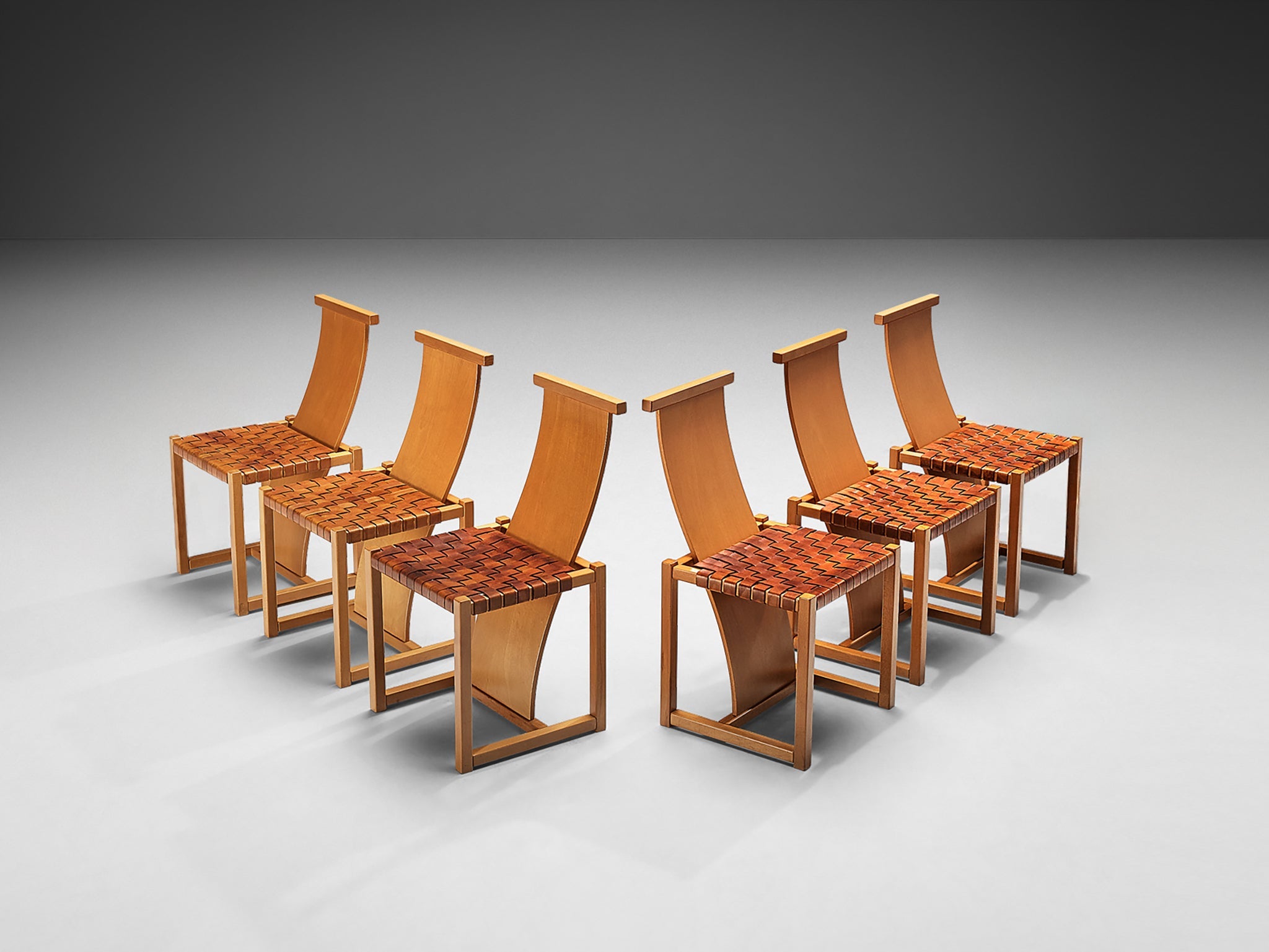 Italian Set of Six Dining Chairs with Woven Leather Seats seating Morentz