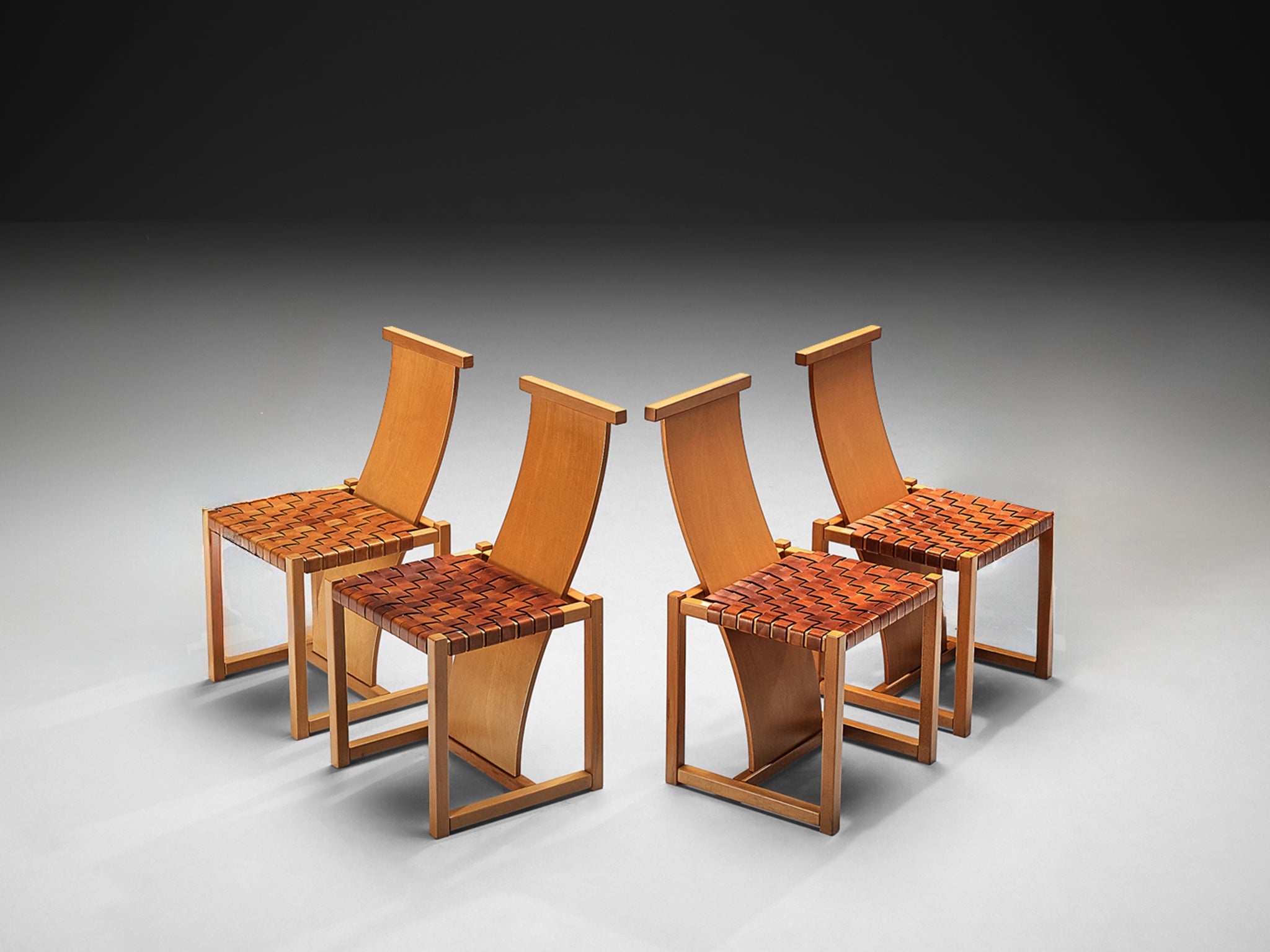 Italian Set of Four Dining Chairs With Woven Leather Seats and High Backrests Seating Morentz