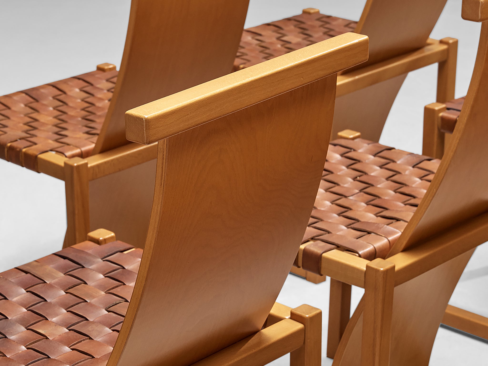 Italian Set of Four Dining Chairs With Woven Leather Seats and High Backrests Seating Morentz