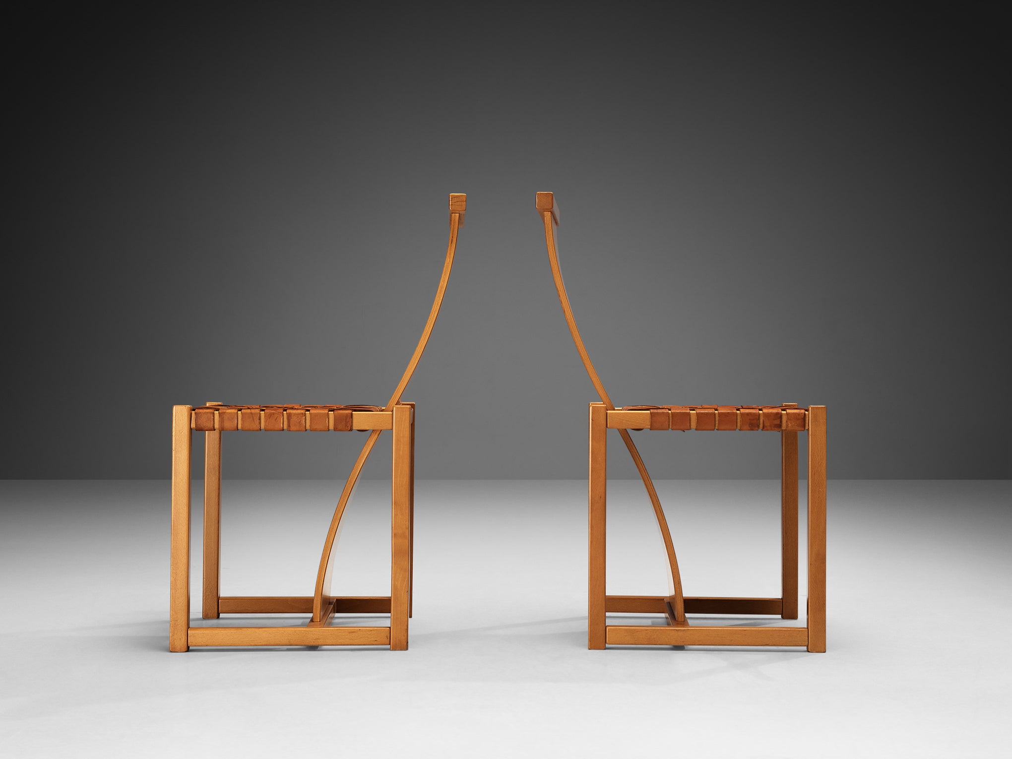 Italian Set of Four Dining Chairs With Woven Leather Seats and High Backrests Seating Morentz