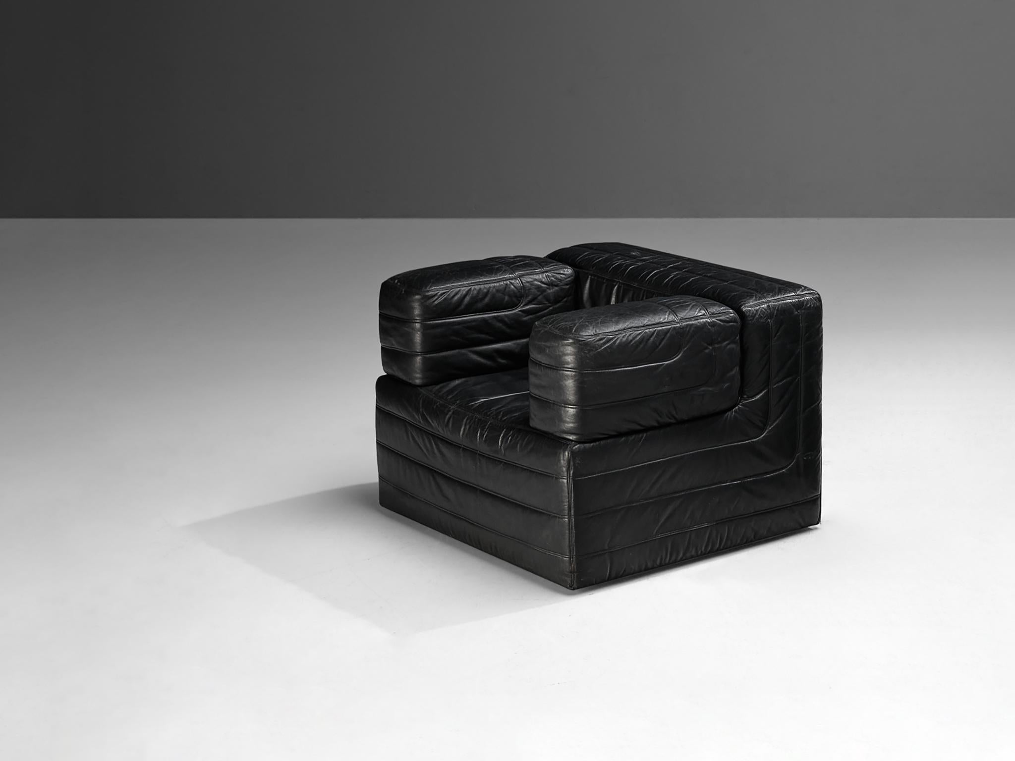 Italian Cubic Lounge Chair in Black Leather