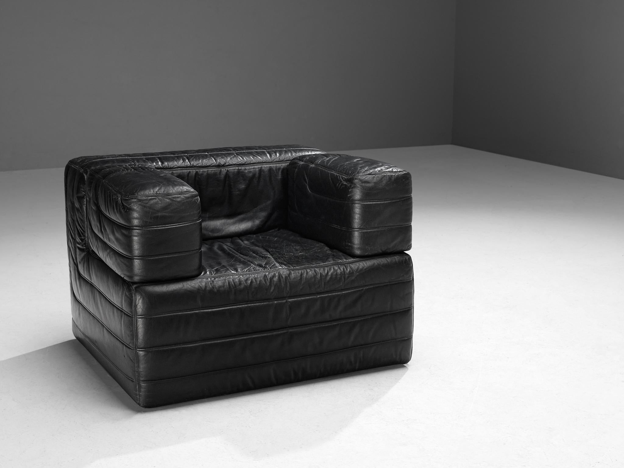 Italian Cubic Lounge Chair in Black Leather