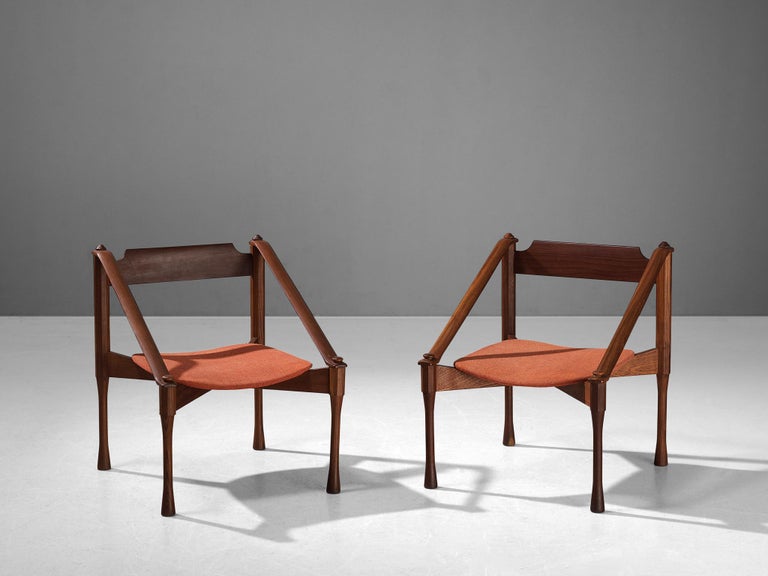 Giulio Moscatelli Pair of Armchairs in Teak and Red Upholstery