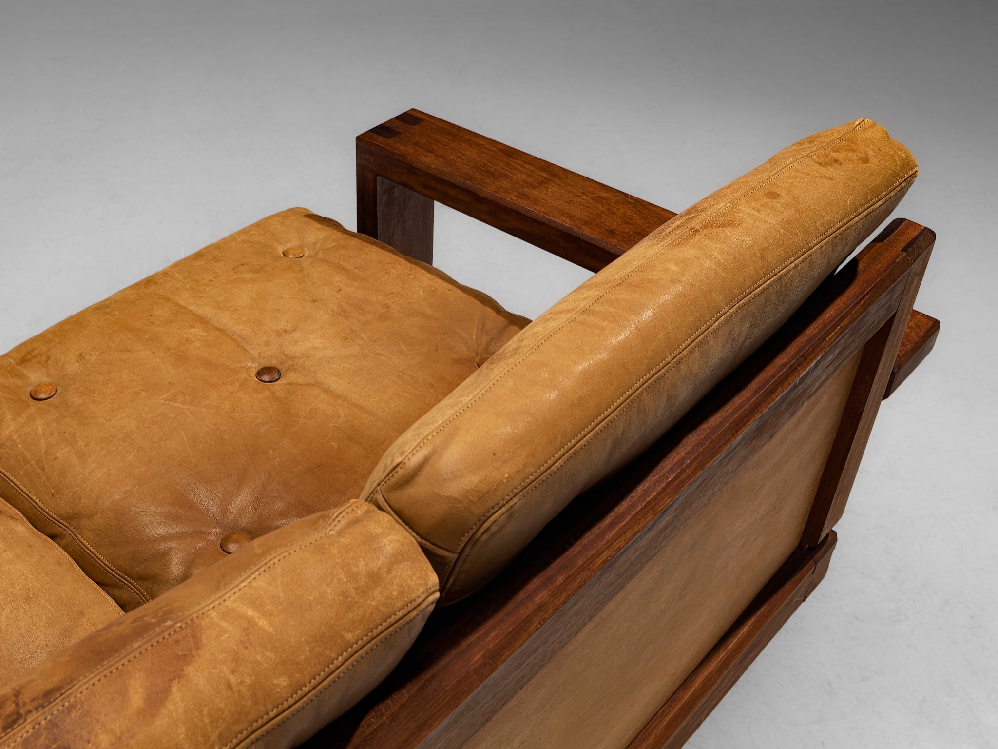 Mid-Century Modern Sofa in Teak and Cognac Brown Leather Seating Morentz